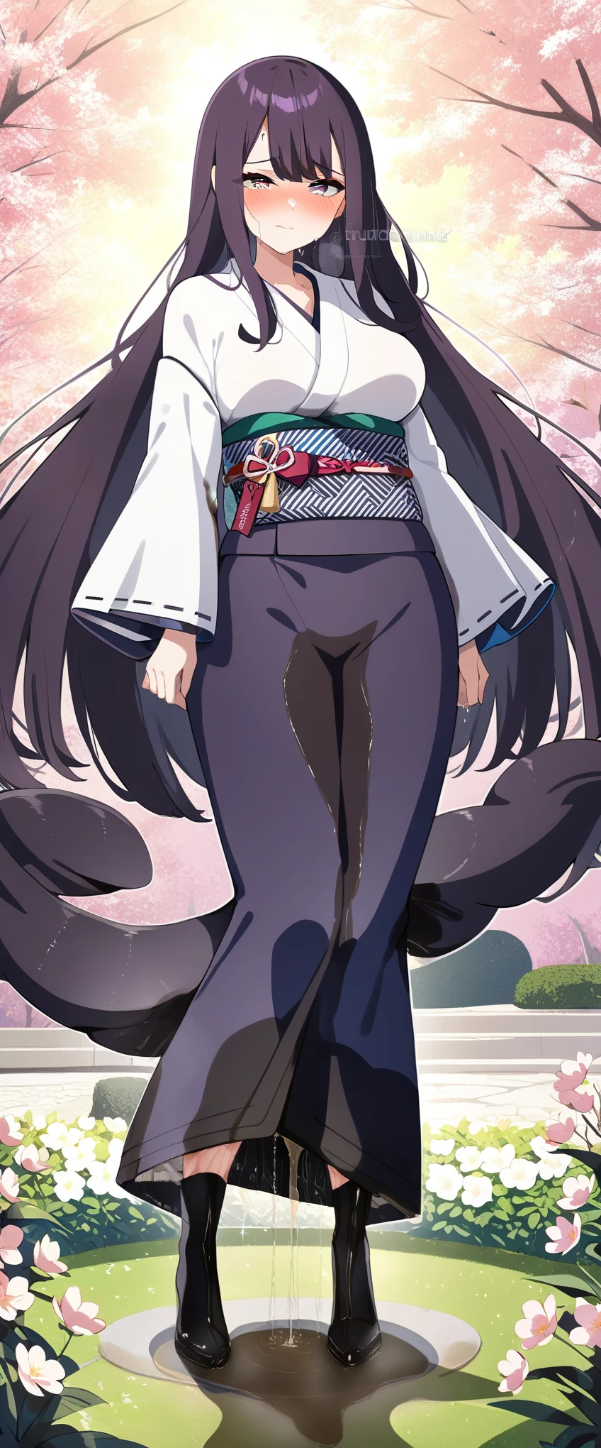 (masterpiece:1.37), best quality, (extremely detailed:1.37), (1girl:1.5), woman, (mature:1.5), (adult:1.5), large breasts, very long hair, (straight hair:1.5), (very dark purple hair:1.5), purple eyes, (extremely detailed eyes:1.37), (furisode:2.0), desperation, (wetting self:2.0), standing, embarrassed, humiliation, blushing, angry, cherry blossoms, garden, (golden hour:1.5), full body