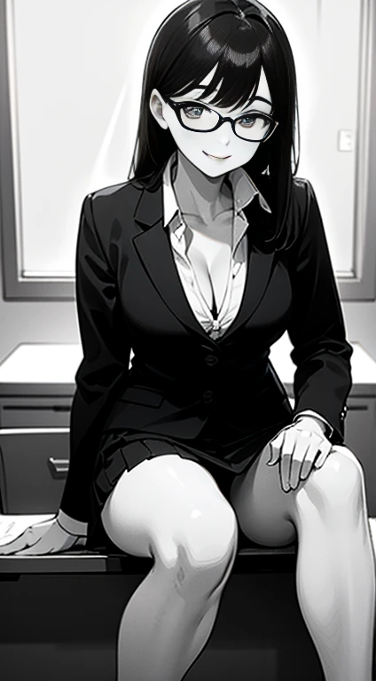 Browsing Caution, アニメ、Highest quality、Unity 8k wallpaper、32k、masterpiece、Ultra-detailed、Ultra-high resolution、(Natural soft light:1.2)、(Very detailed and complex)、Beautiful face and eyes in every detail、Sharp pupils、smile、High heels、Woman in skirt and shirt sitting on the desk, office服, on the desk, Sit at a desk, Sitting at a desk,Bent knees、Spread your legs、Spread your legs、Panty shot、 Business casual attire, Sexy、Business Attire,office, At work, Wearing glasses, Fully clothed, business attire, Embarrassing, smile、business suit、Cleavage、Sexy