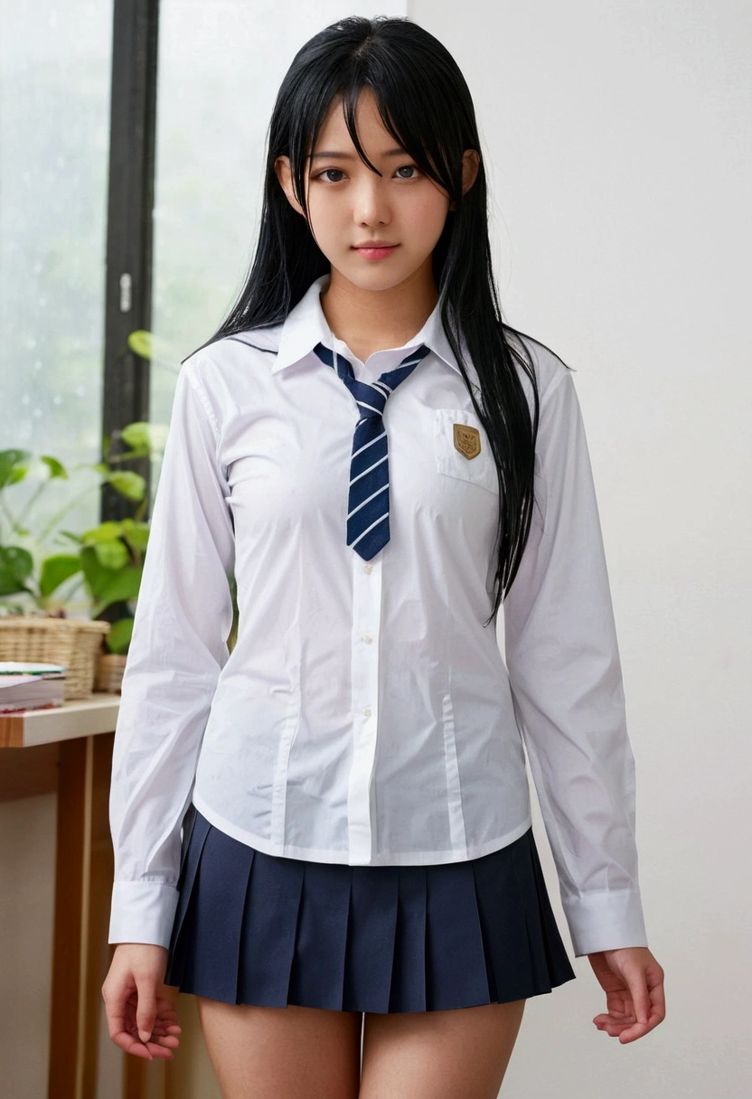 ((Nipples visible through a wet white shirt))、No underwear、Full body view、Long straight black hair、high school student、uniform、sexy、bra、Japanese、17 years old、