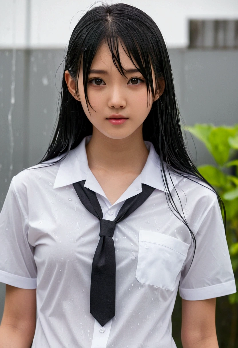 ((Nipples visible through a wet white shirt))、No underwear、Full body view、Long straight black hair、high school student、uniform、sexy、bra、Japanese、17 years old、