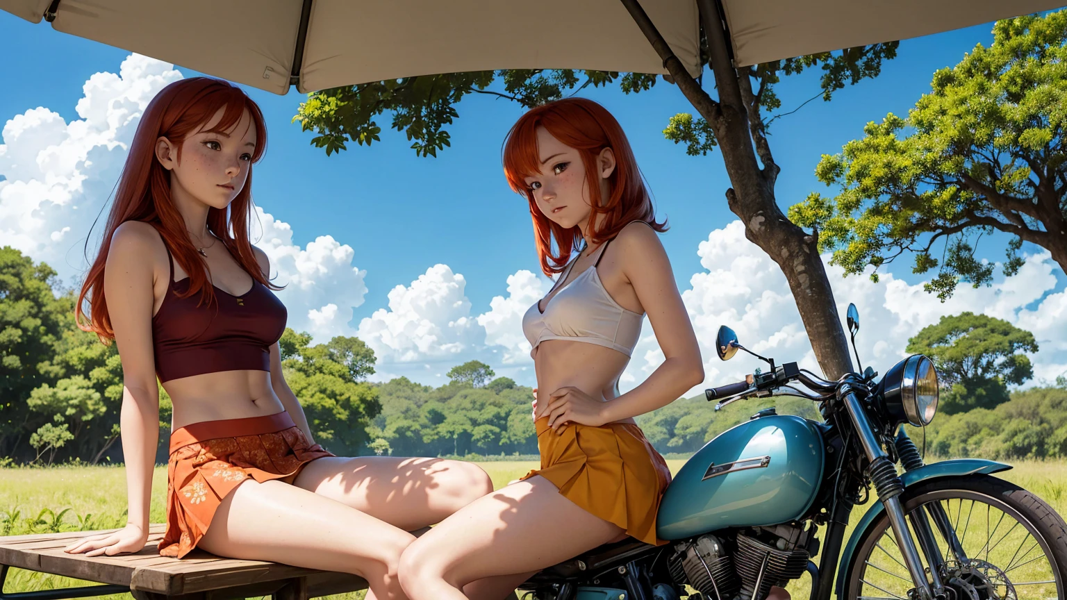 anime scene, tropical field in day light, clear sky, puffy clouds, beautiful anime landscape, anime movie background, high quality desktop wallpaper, landscape wallpaper, from very distance under teak tree, there is a pretty redhead pale girl, freckles skin, wearing skimpy sexy short skirt, sitting on a old classic 70s motorcycle