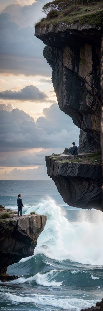 a young man dressed in a formal suit, standing on a rock cliff, his back turned to the camera, strong sea waves crashing against the rocks, stormy clouds in a beautiful sky, dramatic lighting, cinematic composition, photorealistic, highly detailed, vibrant colors, 8k, award winning photograph, lion face gigant on front