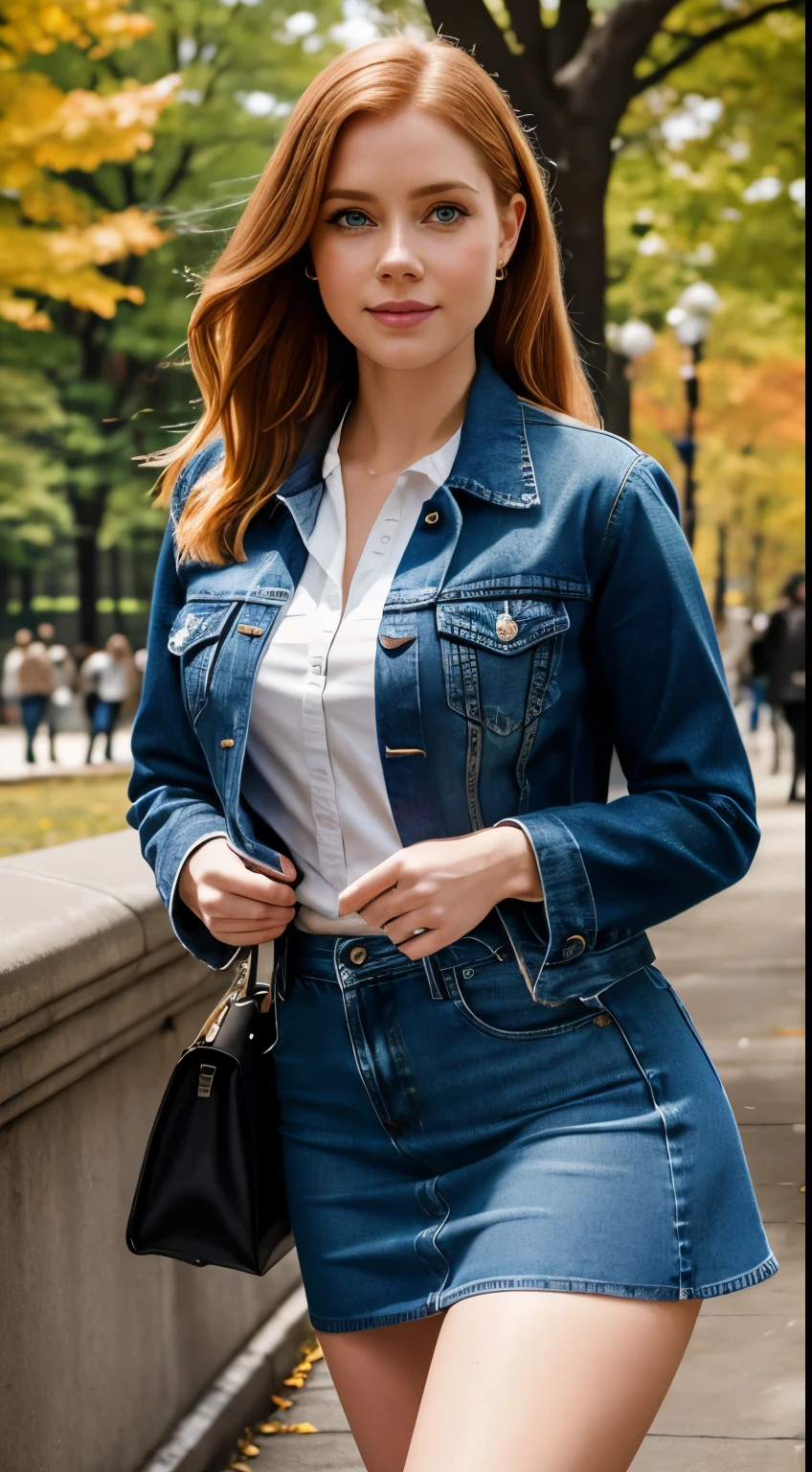 Foto hiperrealista en primer plano de Amy Adams, masterpiece, best quality, (photorealistic:1.4), full body, (blue jeans jacket over white blouse:1.1), (blue jeans midi skirt:1.2), (black delicate tights:1.2) heels, in the New York Central Park, sunny day, cinematic lighcinematic light, beautiful woman, skinny, medium breasts, straight ginger hair, hair in a ponytail, detailed face, nice legs, smile, facing the camera, photo taken from a distance, age of 20 years old,