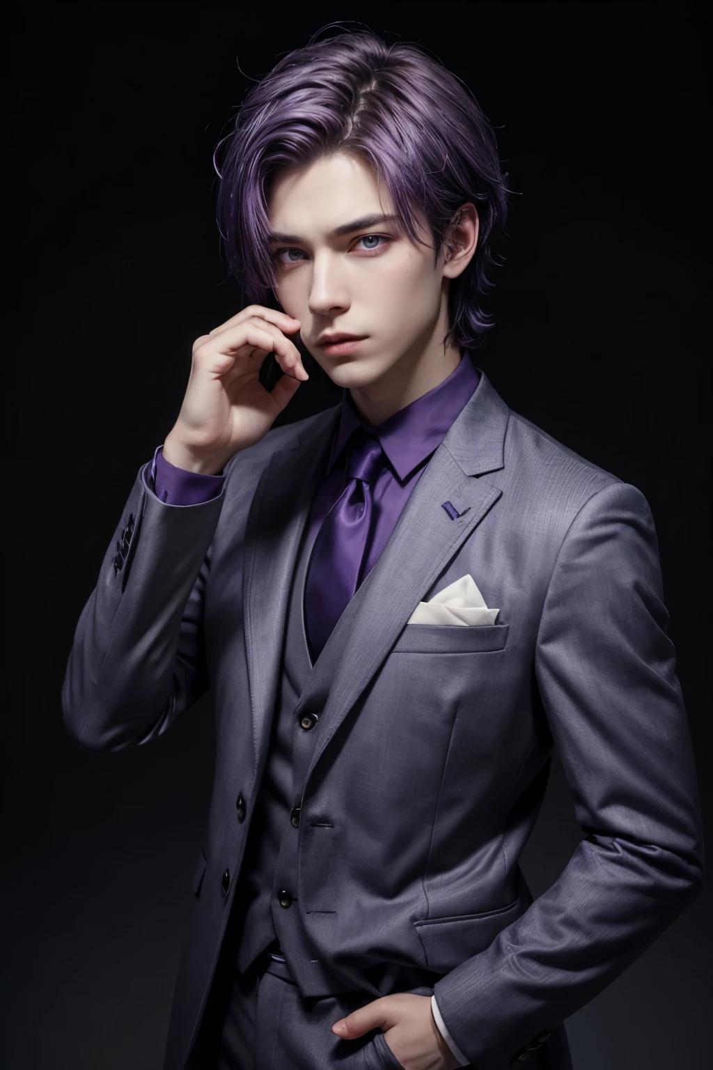 Boy with medium dark, medium purple hair, medium light and dark purple eyes purple pupil, gray suit outfit, dark blue half purple pants, wolf metadr demon