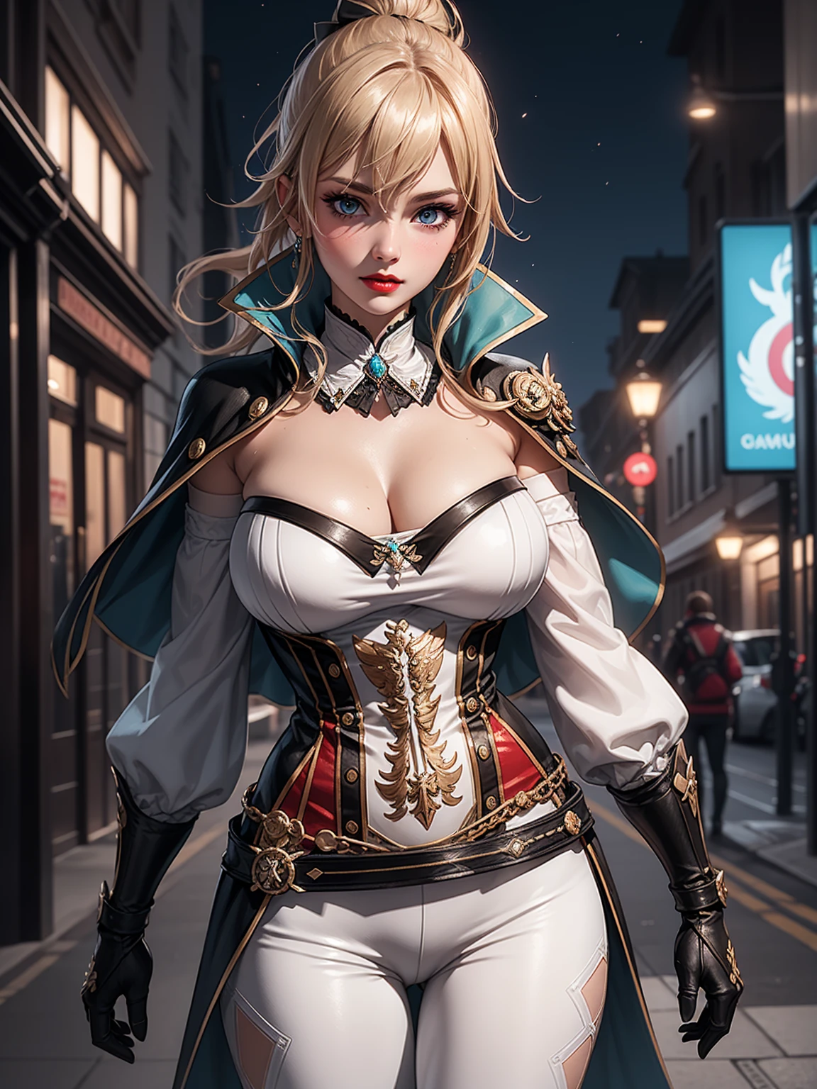 Masterpiece, ultra detail, high quality, 8k cg, jeanfavonian, blush, bright eyes, detail face, dynamic poses,night city view background, looking at viewer, huge breast, super detailed, red lip, make up,