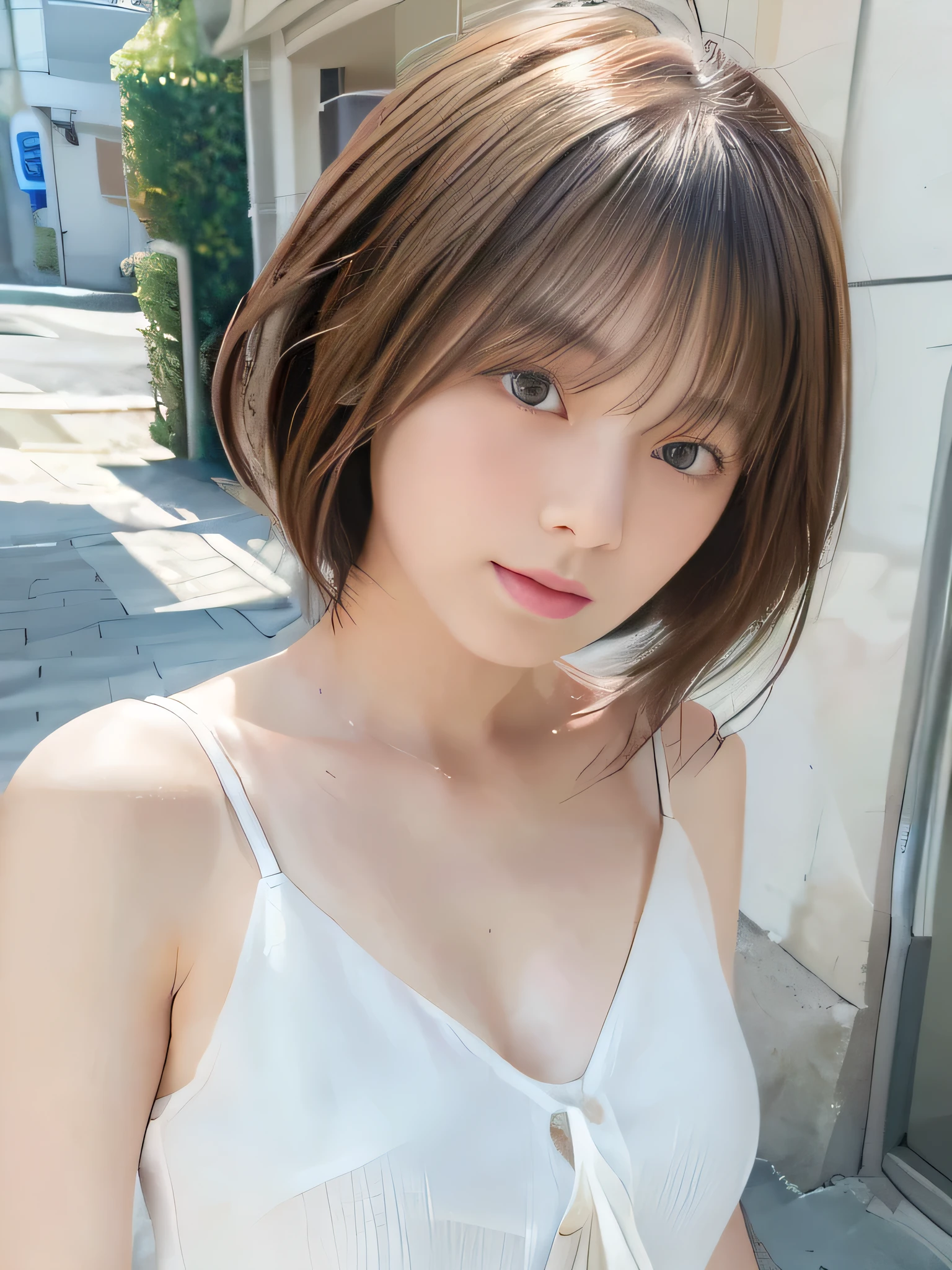White clothes, (8K, Realistic, RAW Photos, Highest quality: 1.4), Japanese, (One Woman), Beautiful Face, (Realistic Face), (With her hair flying), Beautiful hairstyle, Realistic eyes, Beautiful attention to detail, (Realistic Skin), Beautiful Skin, charm, High resolution, Surreal, Very detailed, Golden Ratio、(whole body:1.3)、thin、White Sandals、