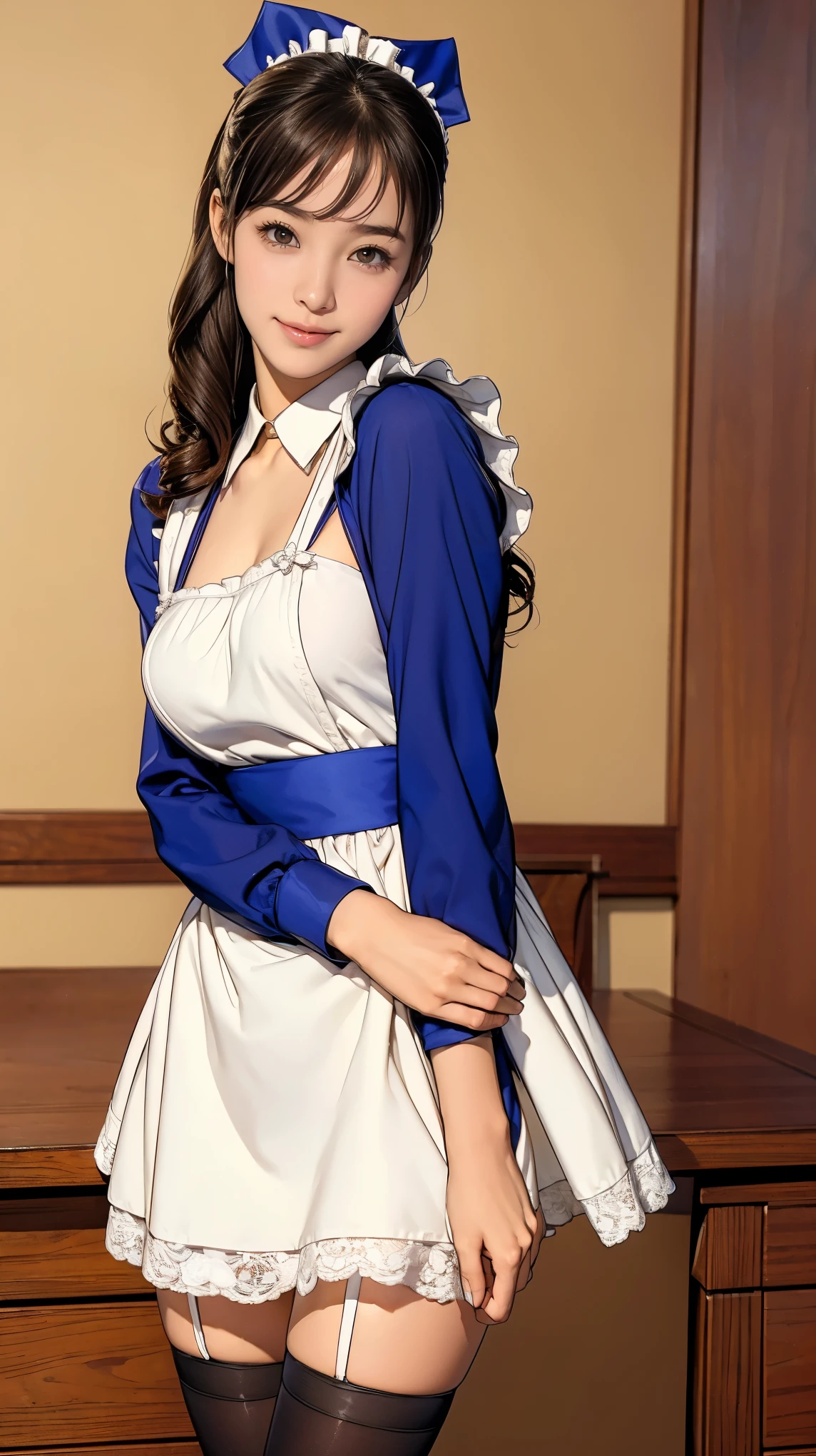 ((masterpiece)),(((Highest quality))),((Bright facial expression)), 14-year-old girl, Cute type,  The best smile:1.5，(Very slim:1.4),  Very small ass:1.5， Realistic buttocks, Emphasize the chest，Curly Hair, Thin thighs, Long legs, It's not a big deal, ((Dress and stockings, Gorgeous maid, Maid clothes，Hair Ribbon)), Posing while serving customers at a store:1.5，