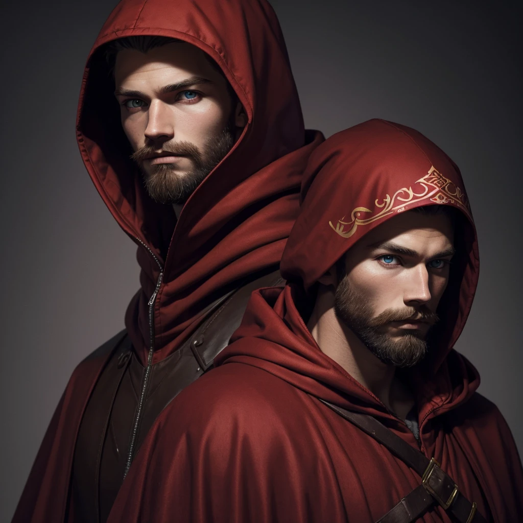 Portrait of a nordic man, dressed in red, young, brown beard, red hood and robes, art style, purple eye color, hood up