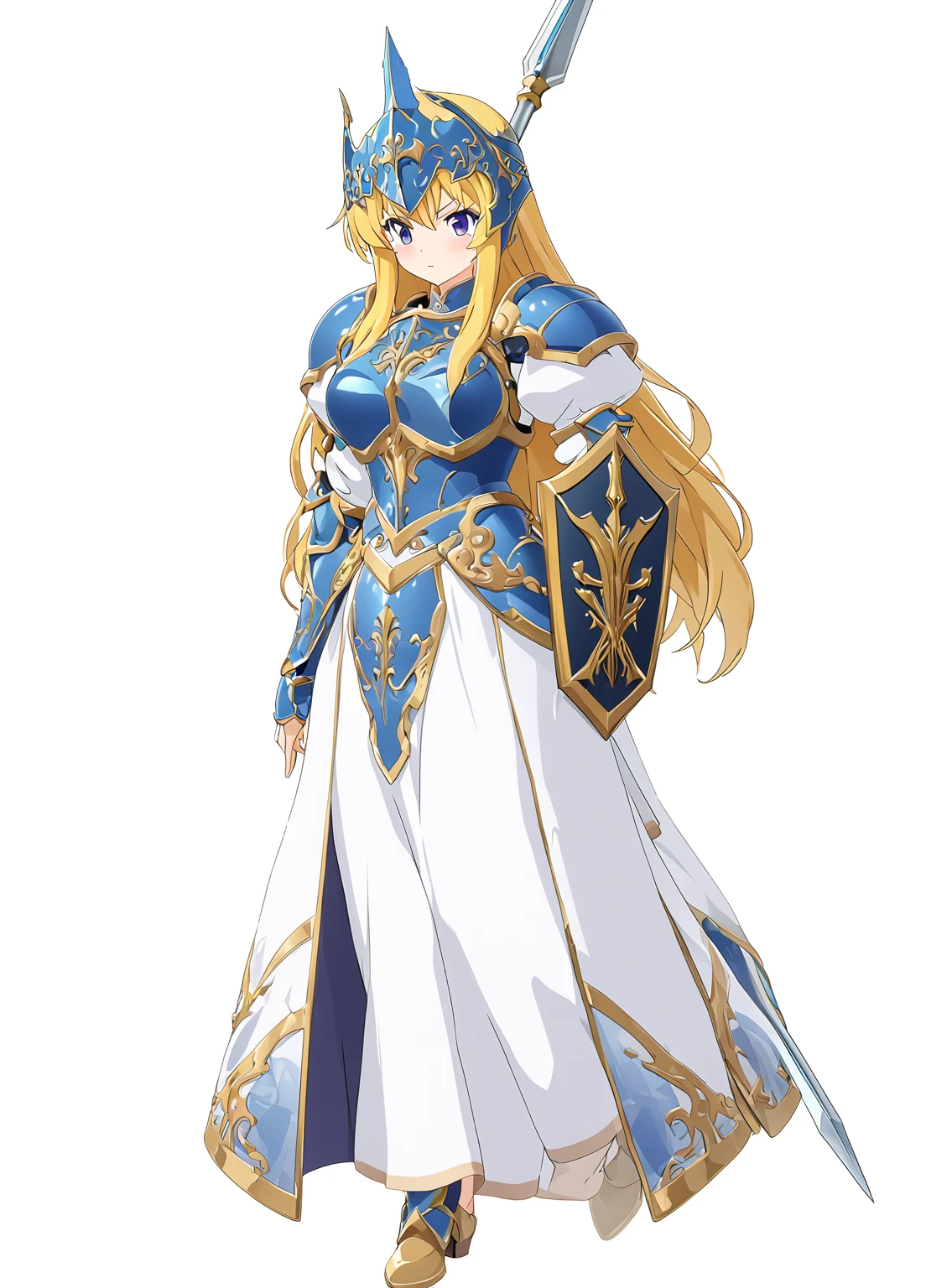 Highest quality, high resolution, High quality game art style, whole body,Valkyrie,Official Art, Smooth game CG art,Cute 3D anime girl render, Visual Novel Sprites, White background,Smooth game CG art, (((Woman with a long spear))),A woman wearing a white dress and blue armor, An intricately designed helmet with white feathers,Small shield, (((Has an exquisite long spear))),Exquisite Blue Armor,Golden Hair, long hair, female knight, Rin々Shii,Don't like to think,Large Bust,17 years old,