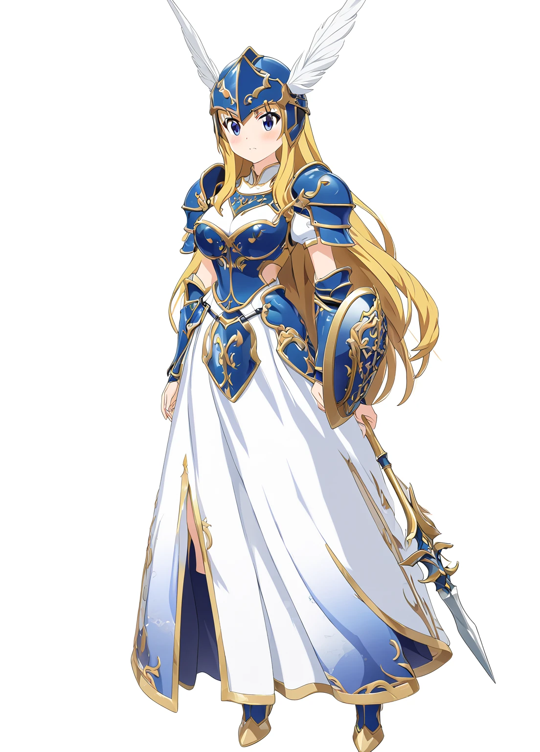 Highest quality, high resolution, High quality game art style, whole body,Valkyrie,Official Art, Smooth game CG art,Cute 3D anime girl render, Visual Novel Sprites, White background,Smooth game CG art, (((Woman with a long spear))),A woman wearing a white dress and blue armor, An intricately designed helmet with white feathers,Small shield, (((Has an exquisite long spear))),Exquisite Blue Armor,Golden Hair, long hair, female knight, Rin々Shii,Don't like to think,Large Bust,17 years old,