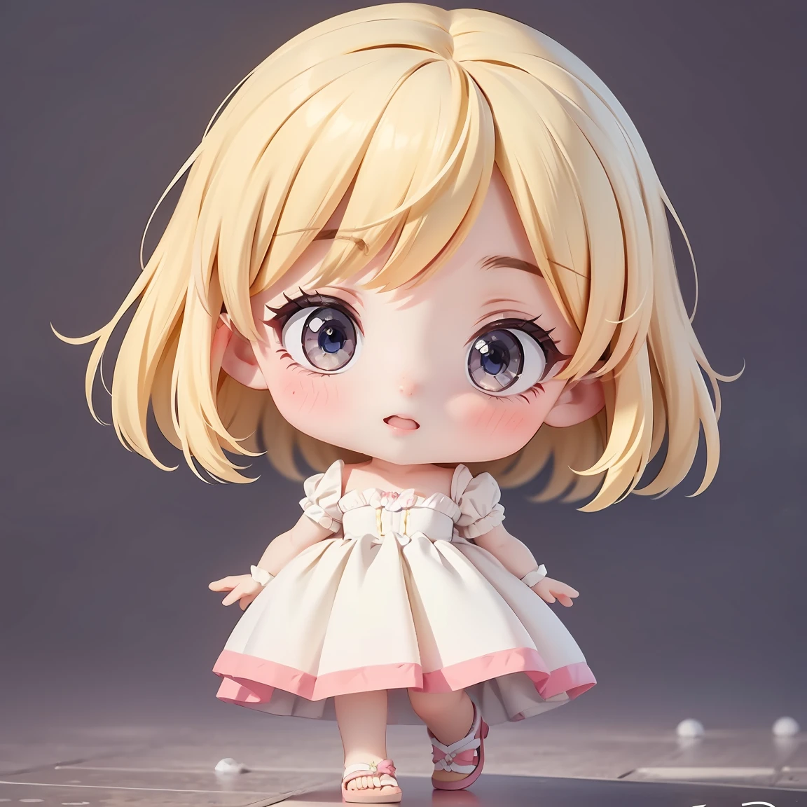  Super Chibi Character：1.8、wearing cute sandals、background：Simple all over、Blonde Hair、Cute 7 year old girl、Cinderella Dresses、Various expressions：1.8、Various poses with moving arms：1.8、Looking this way、LOL