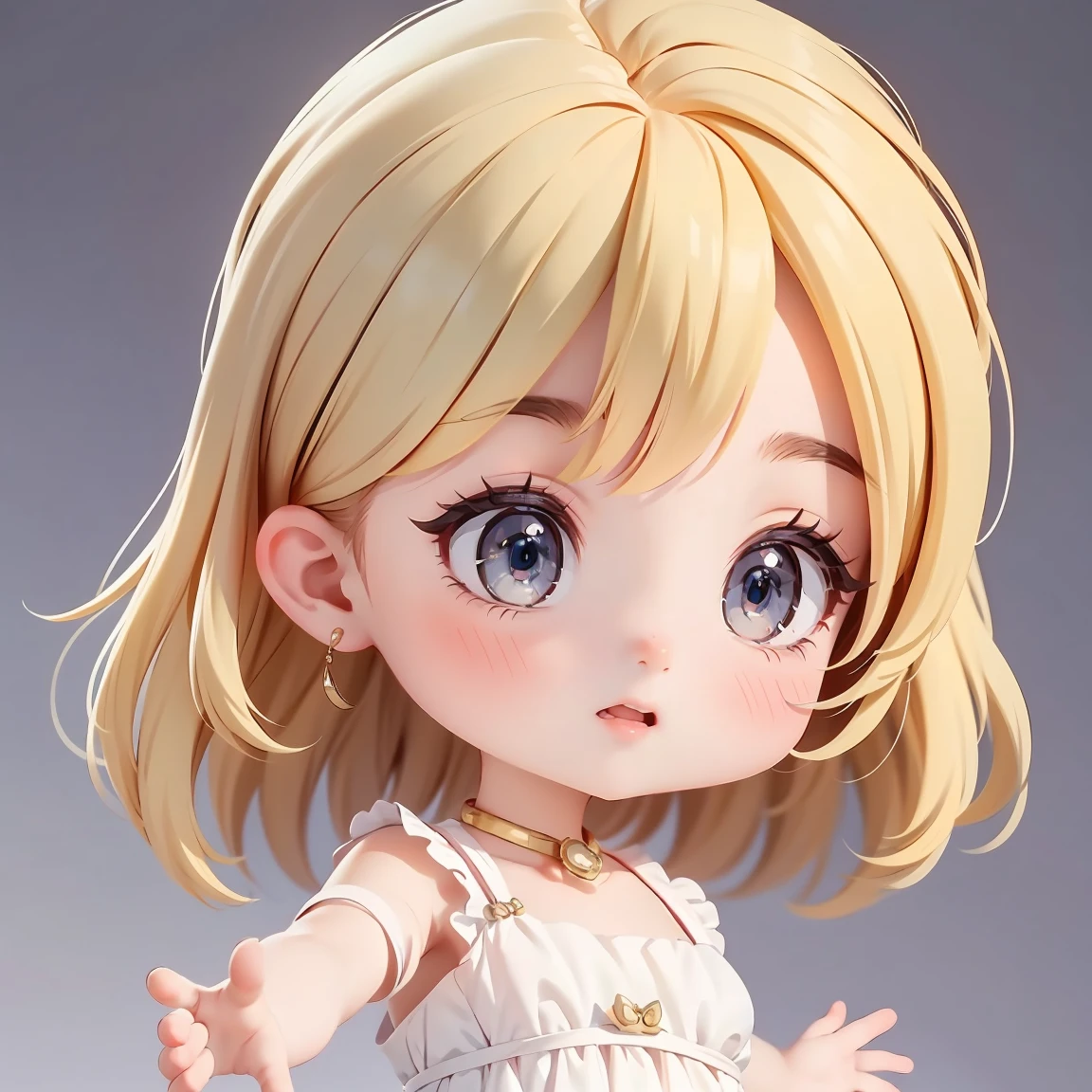 Super Chibi Character:1.8、wearing cute sandals、background:Simple all over、Blonde Hair、Cute 7 year old girl、Cinderella Dresses、Various expressions:1.8、Various poses with moving arms:1.8、Looking this way、LOL
