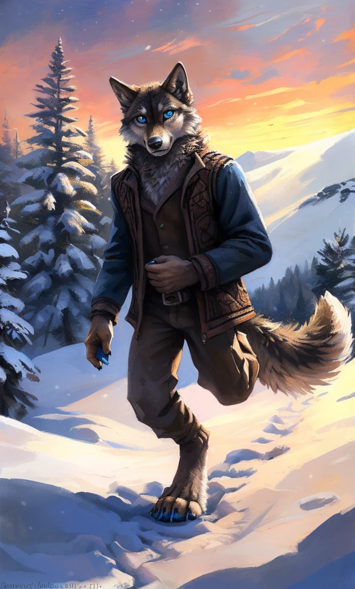 ((Solo)), male people, anthro wolf, (Multi-colored fur, White-brown:1.3,White tail pointed), (Height 2.1m,Tail length 1.2m), ((Wolf face, Big eyes, White eyelids, Blue pupil, Slim:1.2) (Tough, Calm expression:1.2)), Slim, pinging)), (Correct anatomy), (Winter clothing:1.1), The upper body naked, (detailed outfits),A long big tail,Feet,(Realistic fur, Detailed fur texture, labeled:1.3)), (Natural lighting), Photorealistic, Hyperrealistic, ultradetailed, by Kenket,Snowfield,erect through,Running on
