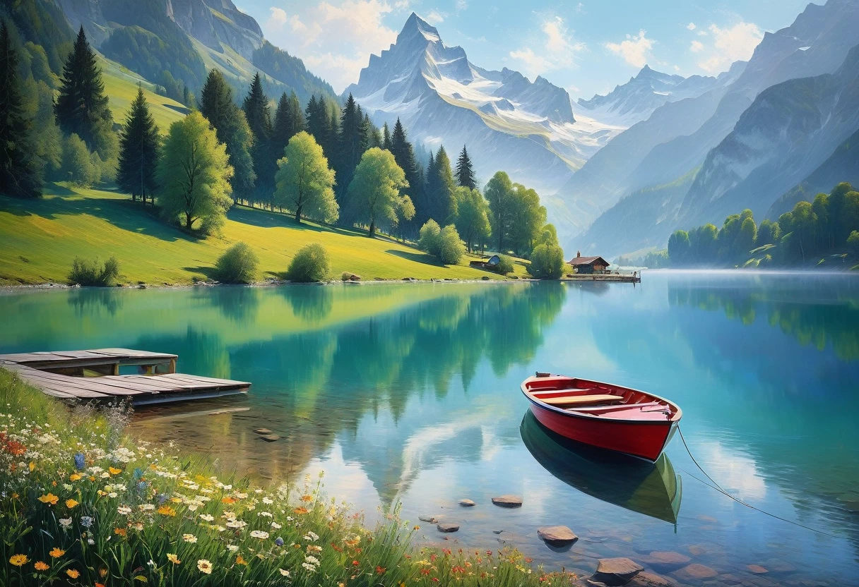 view of a Boat on the waterside of a small lake, Swiss alp, mountain lake, milky haze, morning lake mist, masterpiece, award-winning, professional, highly detailed in, undefined, snow, mist, in the distance, glowing eyes, style-nebmagic. Include vibrant pastel colors, sleek lines, and a retro summer atmosphere. The style should be reminiscent of vintage travel posters with a modern twist, a thick textured oil painting, impasto brushstrokes, dry brushing,revealing underlayers, breathtaking composition