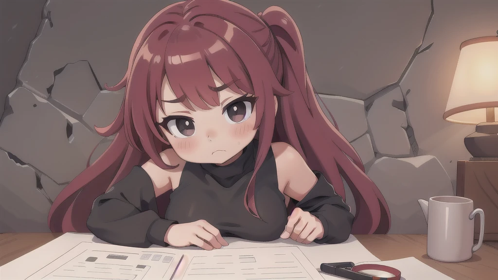 (extremely detailed CG unity 2k wallpaper),(anime coloring),(masterpiece),(best quality),(ultra-detailed),(best illustration),(best shadow),(absurdres),(detailed background), Erza Scarlett, 1girl, solo, long hair, black eyes, hair over one eye, sleeveless, breasts, shirt, black shirt, red hair, upper body, looking at viewer, sleeveless shirt, frown, bare shoulders, turtleneck, closed mouth, collarbone, medium breasts