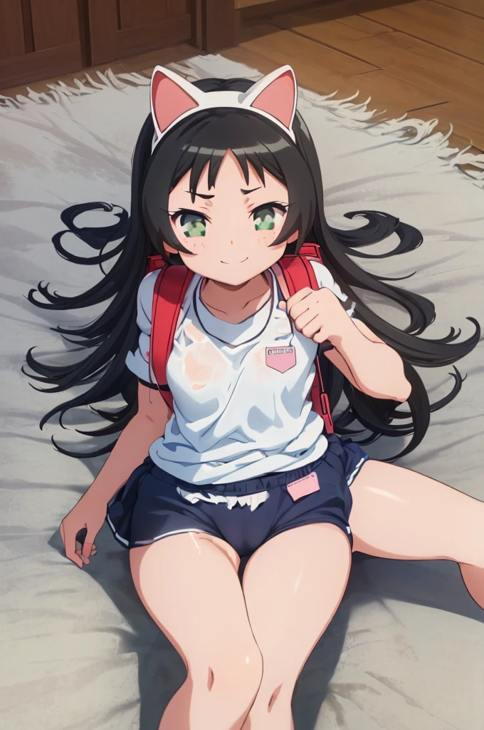 masterpiece, ultra quality, ultra sharp, ultra detailed, 1girl, solo, (good anatomy), haduki kurumi, (tattered torn dripping wet white gym shirt), navy gym pants, animal ears, randoseru, name tag, Japanese anime pose, laugh, BurumaShorts, Buruma, Gym Uniform, (((lying:1.4, spread_legs, legspread, split_legs, spreading legs)), (randoseru backpack:1.4), (((smirk smile))):1.4, buruma, blue buruma, black buruma, (cameltoe), (tattered torn short sleeve white gym uniform with colored hem), (tiny ), (white long loose socks), strong lighting, legspread, bukkaken clothesum on legs, cum buruma, cum oloomers,