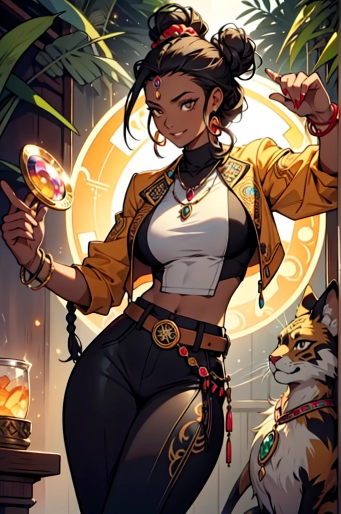 Create a high-fantasy character portrait of Aisha Diallo, a clever member of the Relic Hunters, wielding the Necklace of Anansi. She has an oval and expressive face with soft, well-defined features and warm brown skin. Her expression is lively and friendly, often lit by a mischievous smile. Her large dark brown eyes shine with intelligence and curiosity, reflecting her astuteness and liveliness. Her curly black hair is usually styled in a practical but elegant manner, like braids or a high bun adorned with colorful beads. Aisha stands about 1.70 meters tall with an athletic and thick build(slightly muscular and big breasts), exuding confidence and energy. She wears practical yet stylish clothing inspired by African patterns, including a light brown leather jacket over a colorful blouse with tribal prints, fitted pants, and sturdy boots. Her outfit is designed for ease of movement and speed. She wears the Necklace of Anansi, adorned with gems and spider-shaped pendants that shine with their own light. She also has bead bracelets, a belt with small pouches for tools, and a silver ring shaped like a spider web. She is surrounded by an ethereal and mystical aura, sometimes manifesting as a light golden mist or threads of light forming web patterns around her, emitting a sense of wit and mystery, reflecting her connection with Anansi and her mastery over the web of life.