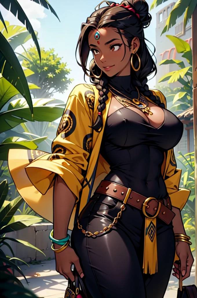    Create a high-fantasy character portrait of Aisha Diallo, a clever member of the Relic Hunters, wielding the Necklace of Anansi. She has an oval and expressive face with soft, well-defined features and warm brown skin. Her expression is lively and friendly, often lit by a mischievous smile. Her large dark brown eyes shine with intelligence and curiosity, reflecting her astuteness and liveliness. Her curly black hair is usually styled in a practical but elegant manner, like braids or a high bun adorned with colorful beads. Aisha stands about 1.70 meters tall with an athletic and thick build(slightly muscular and big breasts), exuding confidence and energy. She wears practical yet stylish clothing inspired by African patterns, including a light brown leather jacket over a colorful blouse with tribal prints, fitted pants, and sturdy boots. Her outfit is designed for ease of movement and speed. She wears the Necklace of Anansi, adorned with gems and spider-shaped pendants that shine with their own light. She also has bead bracelets, a belt with small pouches for tools, and a silver ring shaped like a spider web. She is surrounded by an ethereal and mystical aura, sometimes manifesting as a light golden mist or threads of light forming web patterns around her, emitting a sense of wit and mystery, reflecting her connection with Anansi and her mastery over the web of life.
