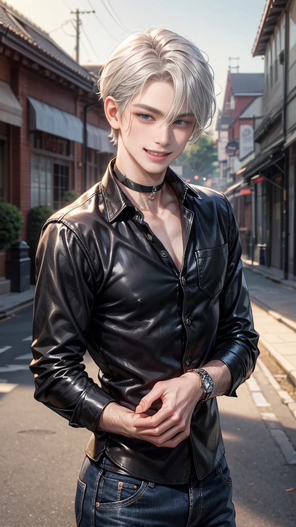 masutepiece, Best quality, 1 thai peaplo man, handsome, short hair, silver hair, fang flirtatious smile, choker, blue eyes, black leather shirt, blushing, western building, caricature, looking at viewer,