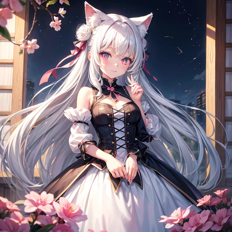 Anime girl with a pair of cat ears, Soft white hair inside the ears, Her eyes were wide open.，Curious, She was happy to see me, beautiful eyes, White hair, Pink Eyes, Good Art, Good painting, anime 2D, 2D, Lovely, 2 hands，5 fingers on each hand, Beautiful hands, well drawn hands, 4K, 8K,