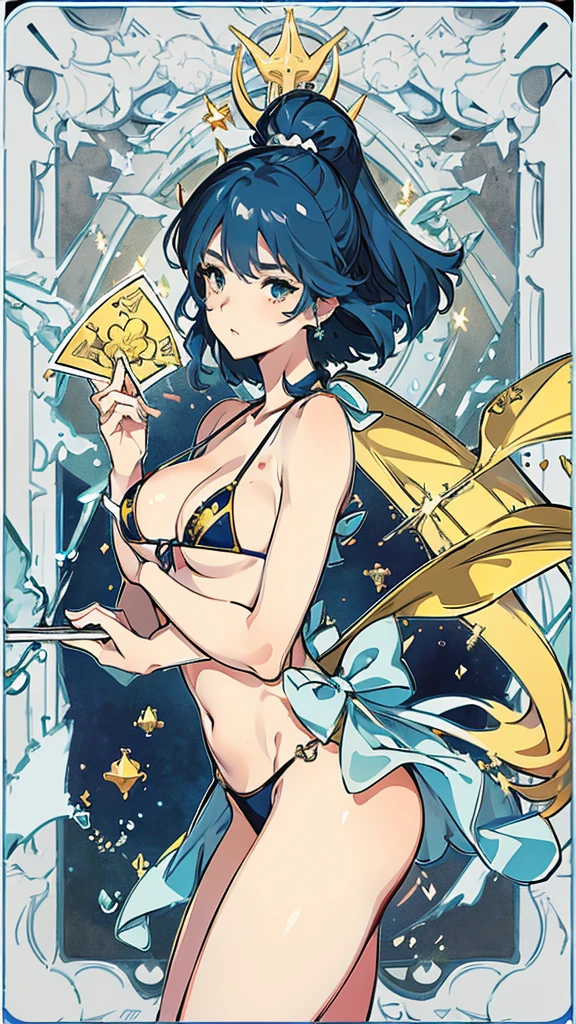 tarot cards,Hands together,Vulcan salute,attention, There is a halo behind the head,finely_detailed, perfect_Body, perfect_Eye, perfect_Face, perfect_finger,Yu-Gi-Oh card game style、(((Voluminous breasts 1.8)))、(((micro bikini 1.4)))、(Saggy breasts 1.4)、(Cleavage 1.4),Seductive pose、Random Pause、cowboy shot、
(The Leo symbol is depicted on the card frame 1.3)、Three-dimensional depiction that seems to emerge from the card, ultra-detailed depiction, artistic、A pose that makes it seem as if the person is coming out of the card、The card frames are drawn in super-beautiful detail, perfect anatomy, perfect fingers, super beautiful faces, stunning beauties aged 16 to 30、Greek mythology sculpture style background、Super beautiful eyes, and the card frame features illustrations of the moon, sun, stars, and golden coins、The card frame features an illustration of a sword and shield、Card colors are random、Depicts the symbol of Leo、Write the letter Gemini、Write Leo on the top of the tarot card.May the person who sees the tarot card be happy、Write the word "Leo" in embossed letters on the tarot card、Magic wand, spear, bow and arrow, guitar, fire, water, earth, wind, dagger, pen, sword, crossbow, large shield, gloves, fishnet stockings、Flowers, leaves, good luck, four leaf clover、Scattering jewels、Diamond, ruby, sapphire, topaz, blue sapphire, pearl, crystal,Leo sign tattoo on body、Random hair color、Rainbow, red, blue, orange, yellow, purple, green, gold, silver, light blue, brown, white, yellow-green, navy blue, pink,