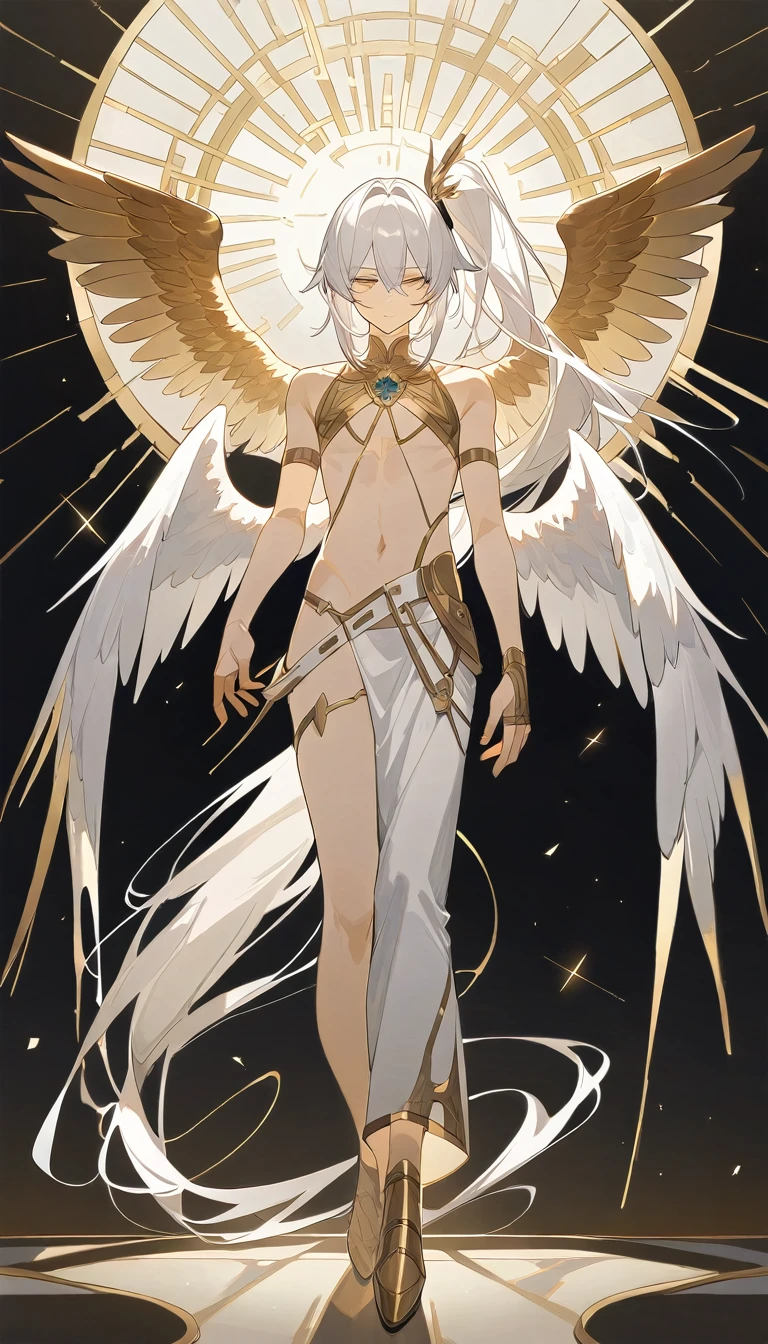 Guy full body, god, wings, long white hair with gold highlights, side sweeped ponytail. Slightly revealing clothing