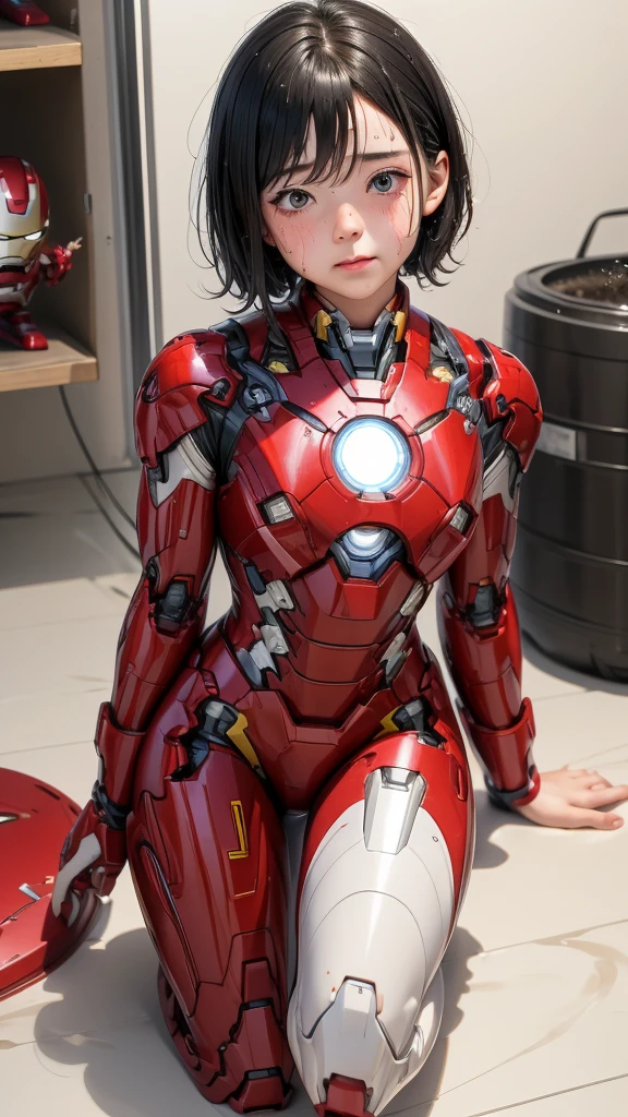 Highest quality 8k Iron Man Suit Girl Kindergarten girl Sweaty face cute short hair boyish Steam coming from the head My hair is wet with sweat Black hair feel Full body portrait My upper body is soaked