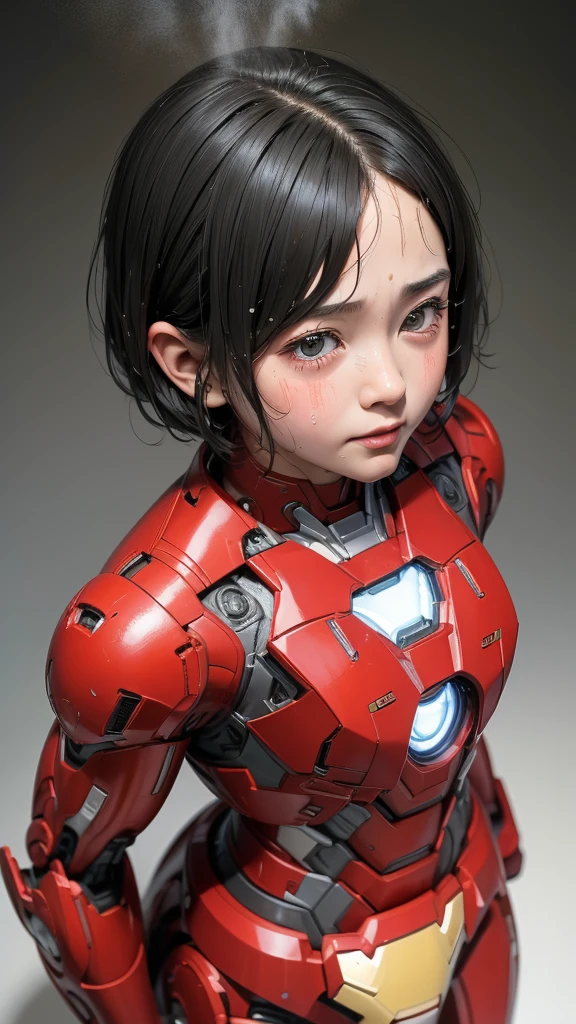 Highest quality　8k Iron Man Suit Girl　Kindergarten girl　Sweaty face　cute　short hair　boyish　Steam coming from the head　My hair is wet with sweat　Black hair feel　Full body portrait　My upper body is soaked　