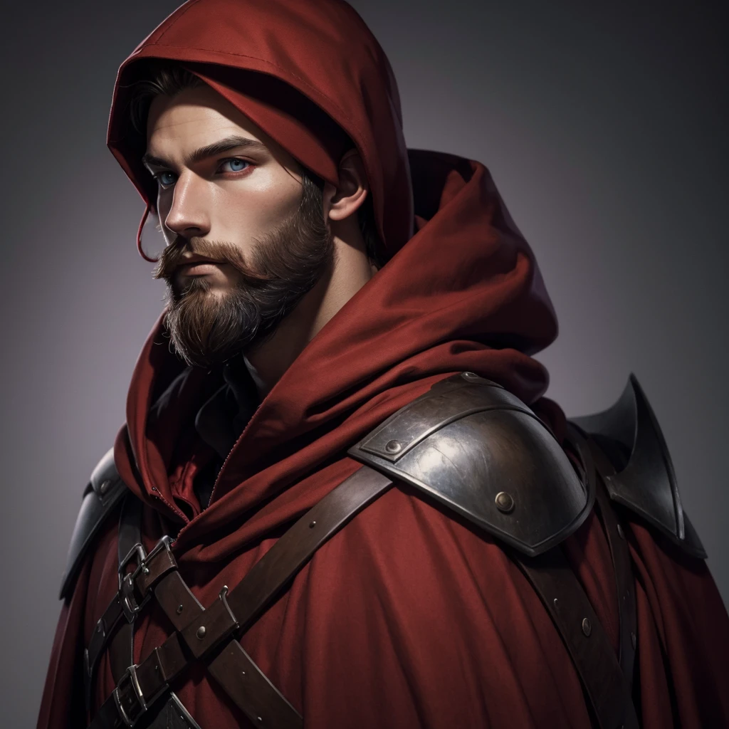 Portrait of a nordic man, dressed in red, young, brown beard, red hood and robes, art style, purple eye color, hood up, wearing light armor