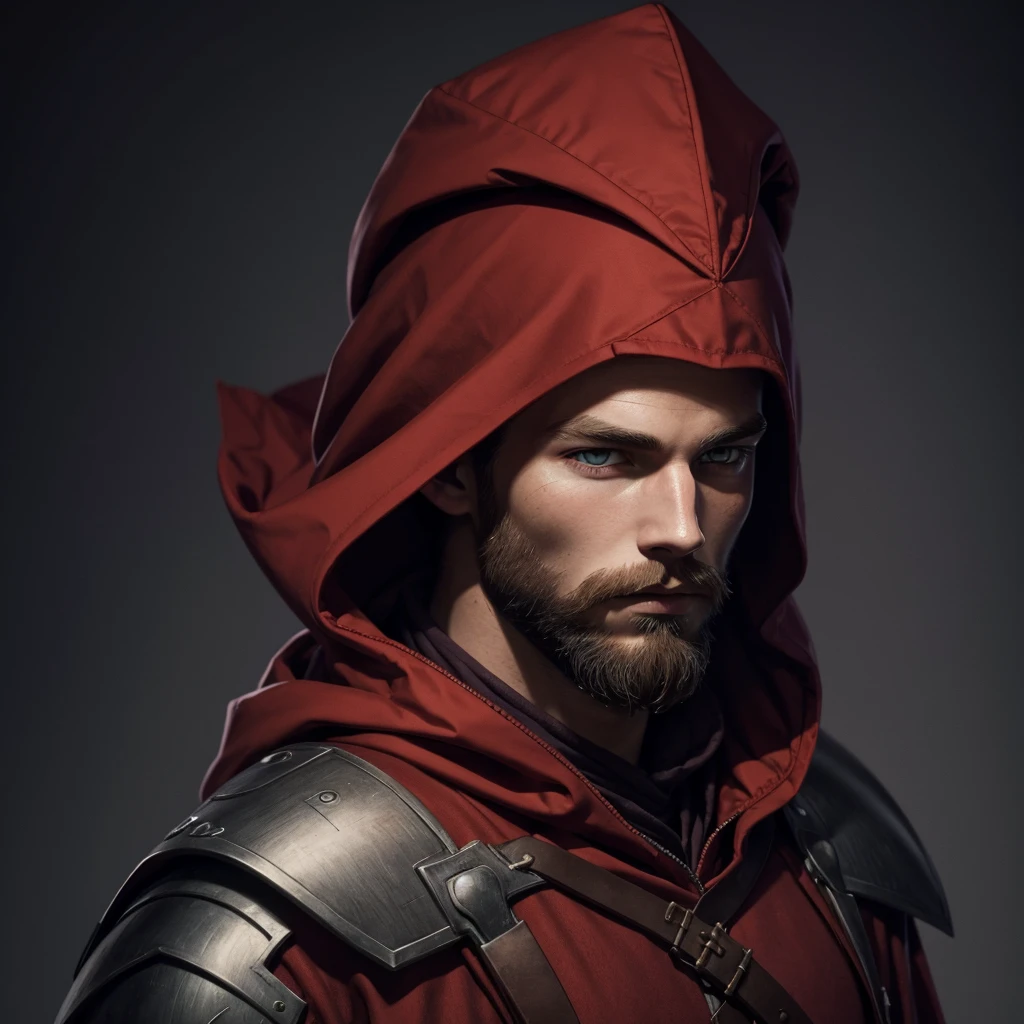 Portrait of a nordic man, dressed in red, young, brown beard, red hood and robes, art style, purple eye color, hood up, wearing light armor