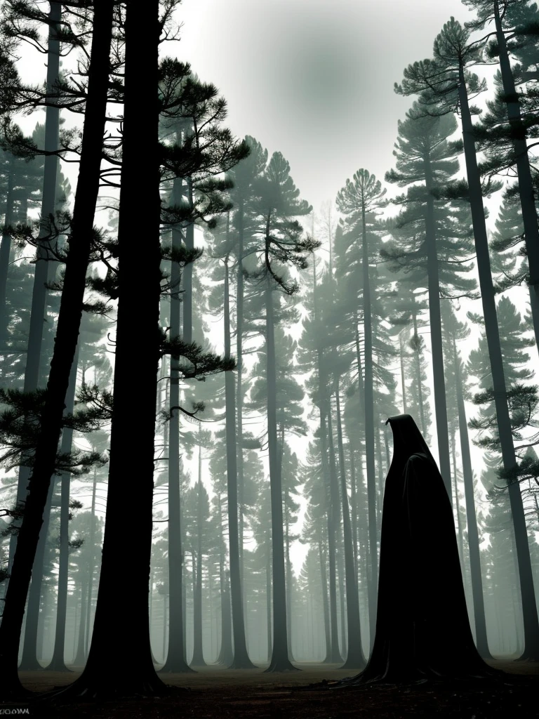 a dark mansion in a pine forest, moonlit night, tall dark silhouette of a figure, eerie atmosphere, moody lighting, detailed architectural elements, gloomy mood, dramatic shadows, photorealistic, cinematic, muted color palette, gothic, horror, mystery, monster,