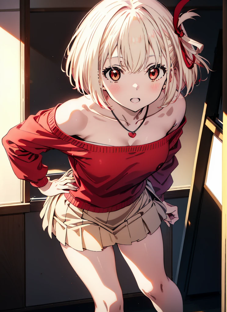 Chisato Nishikigi, short hair, bangs, Blonde, (Red eyes:1.5), hair ribbon, One side up, Bobcut,happy smile, smile, Open your mouth,Heart-shaped necklace,Bare neck,Bare shoulders,bare clavicle,Red one-shoulder sweater,mini skirt,Black pantyhose,short boots,Walking,whole bodyがイラストに入るように,
break indoors,School,canteen,
break looking at viewer, whole body,
break (masterpiece:1.2), Highest quality, High resolution, unity 8k wallpaper, (figure:0.8), (Beautiful attention to detail:1.6), Highly detailed face, Perfect lighting, Highly detailed CG, (Perfect hands, Perfect ???????),