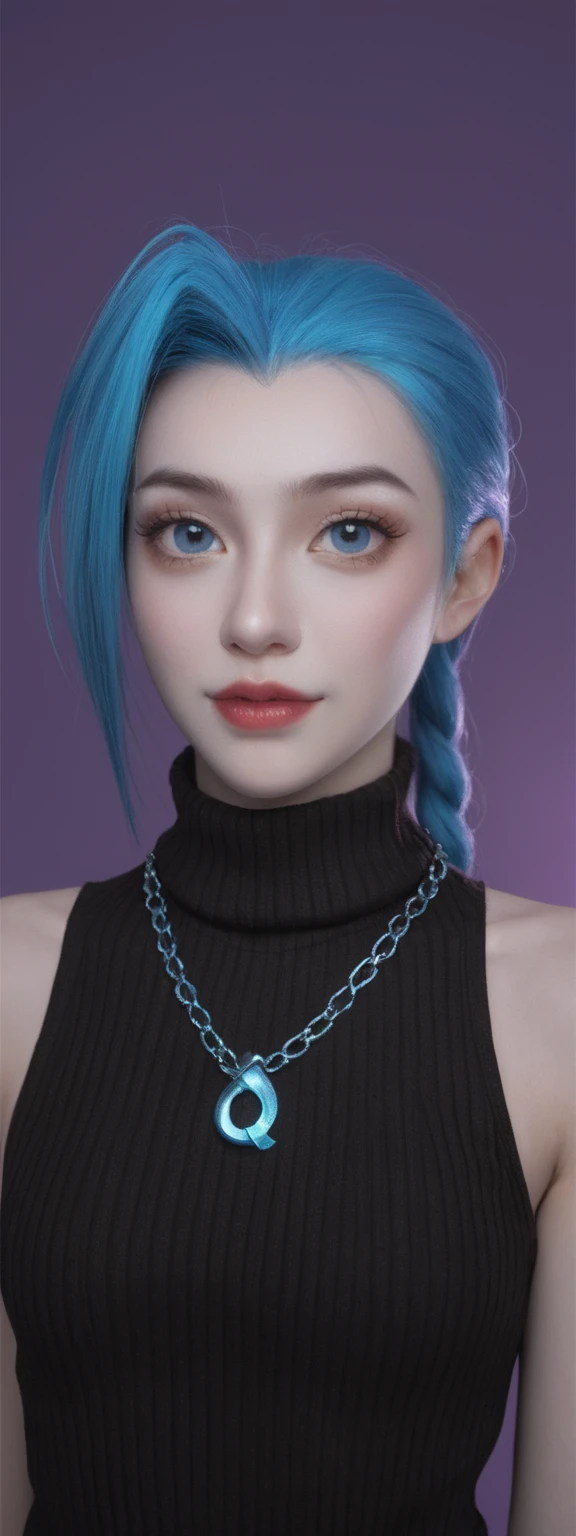 score_9, score_8_up, score_7_up, score_6_up, BREAK 1girl, solo, jinx \(league of legends\), portrait, looking at viewer, purple background, sidelighting, backlighting, turtleneck sweater, 3d, realistic, sleeveless, necklace, makeup, glowing,