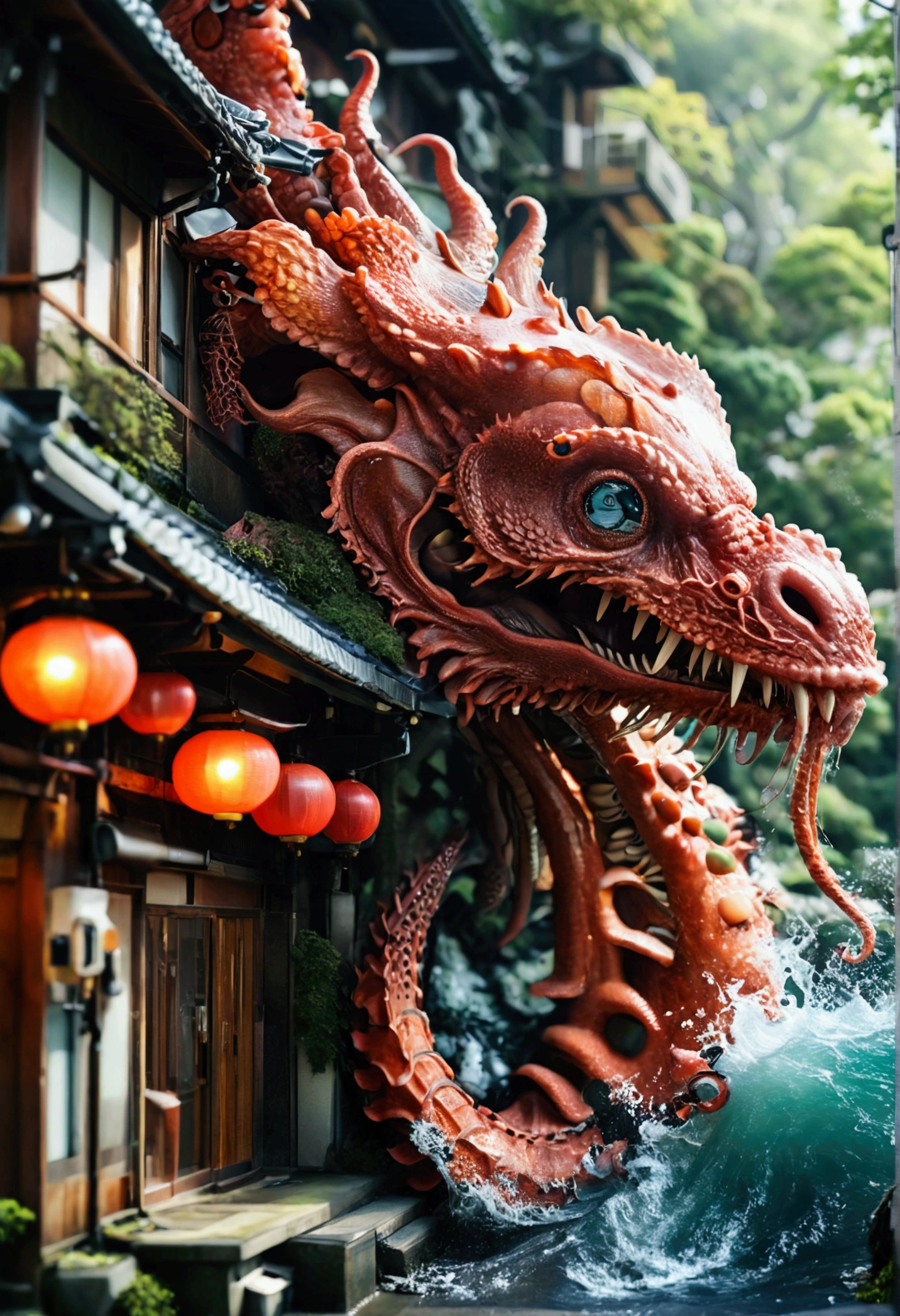 Detailed hyper-realistic photography style geographic data Kraken,Japan cities,building