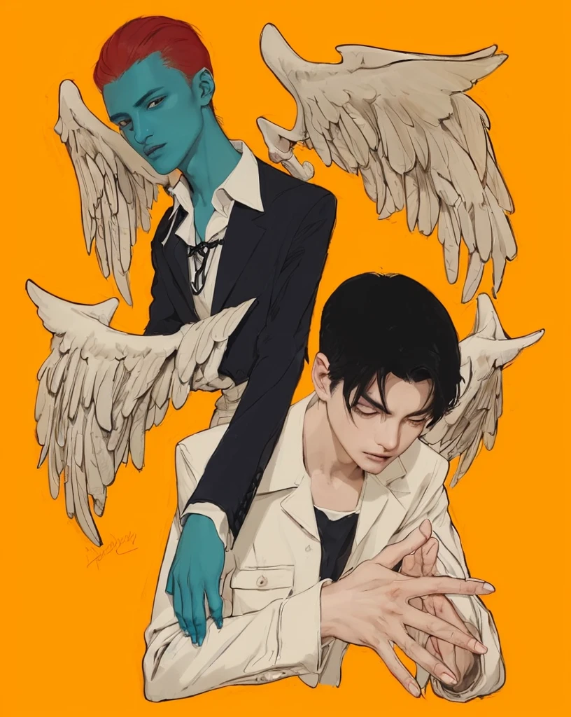 The upper character has bright red hair, contrasting sharply with their teal-colored skin, The vivid colors of the hair and skin create a striking and otherworldly appearance, They are dressed in a dark suit jacket with a white shirt underneath, which is open at the collar, giving a casual and slightly disheveled look, The character has a somber and detached expression, with downcast eyes and a slightly melancholic demeanor, The lower character has more natural skin tones with dark black hair, styled in a way that frames their face, Their eyes are half-closed, and they have a contemplative or possibly sinister expression, accentuated by a slight smirk and sharp teeth, They wear a light-colored jacket over a dark shirt, with sleeves rolled up, revealing their hands clasped together in front of them, This attire gives them a more relaxed and confident appearance, The upper character has teal hands with long fingers, and emerging from their back are what appear to be wings made of multiple hands, These hand-wings are formed by clusters of pale, elongated hands with bony fingers, adding to the eerie and supernatural feel, Similarly, the lower character has hand-wings sprouting from their back, which are more defined and detailed, The wings are composed of numerous hands, arranged to mimic the shape of wings, each hand detailed with bones and skin textures