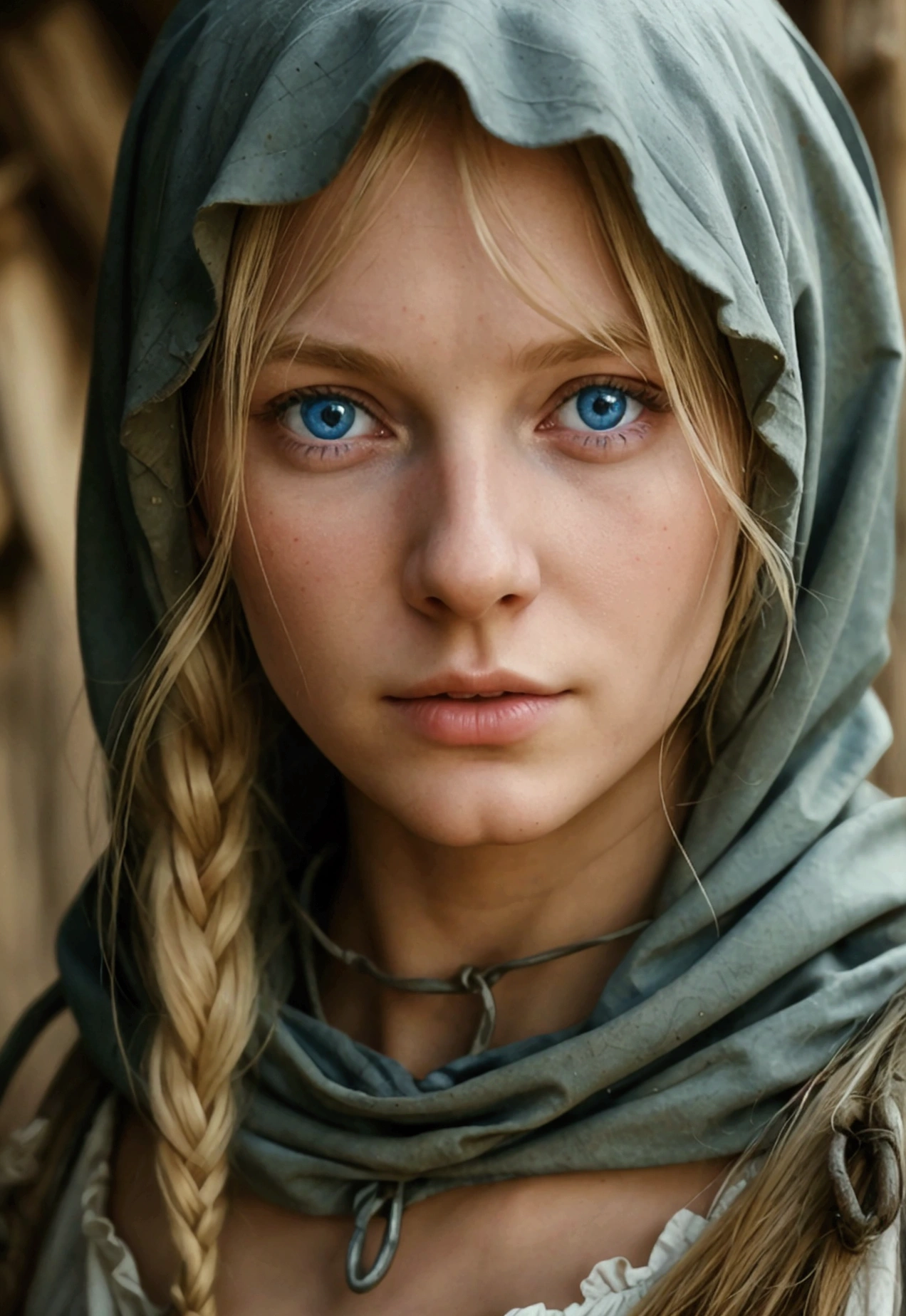 medieval peasant girl, blond hair, blue eyes , 18y, farm background,(best qualityer,4K,8K,A high resolution,work of art:1.2),ultra detail. dirty face