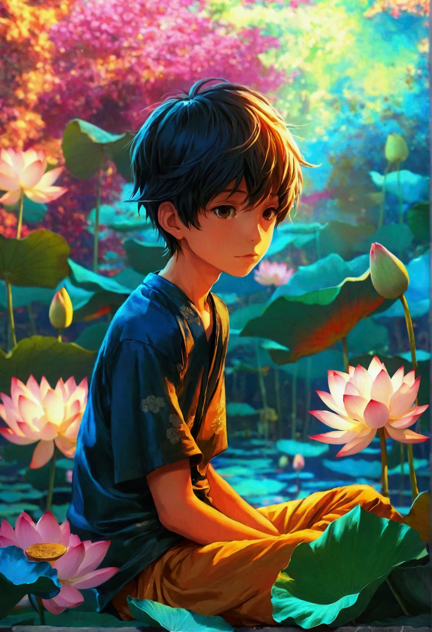 boy sitting next to lotus flower, anime