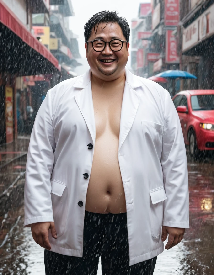 Fat, Chubby man in a white coat, Shirtless , take off Shirt, Asian 40 year old, smile, eye glasses, Wet, Raining, Sitting, cinematic composition, detailed facial features, realistic skin textures, high level of detail, 8k, cinematic lighting, photorealistic.