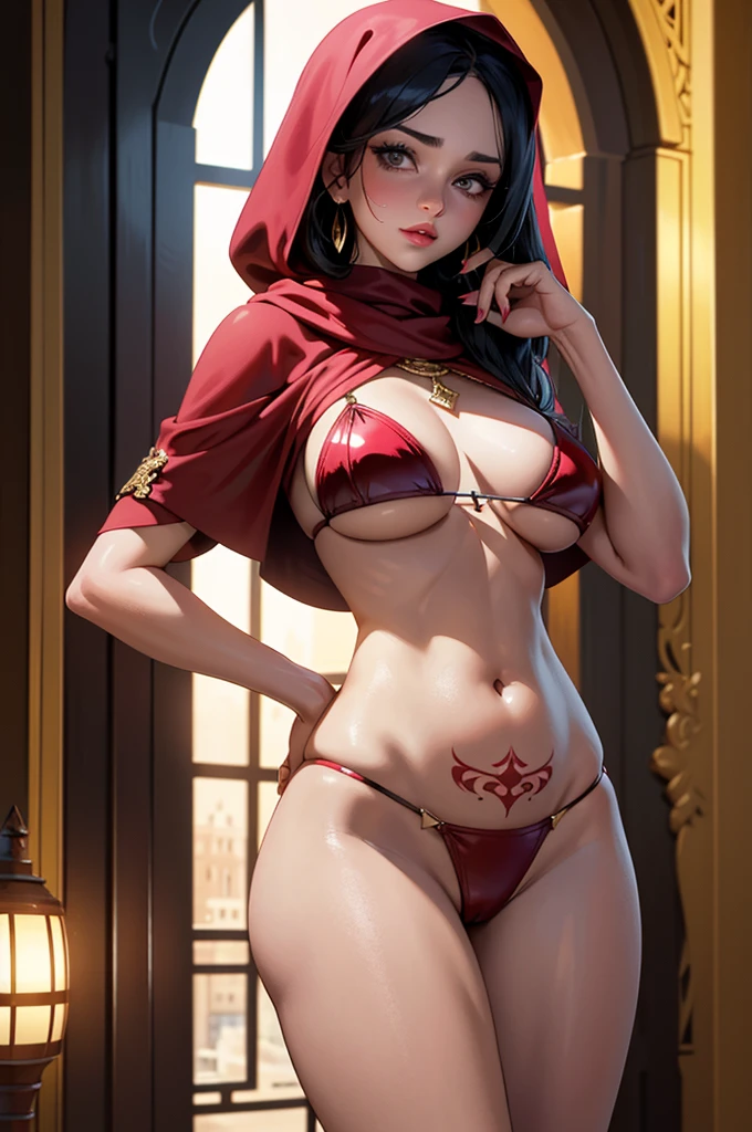 (best quality,4k,highres,masterpiece:1.2),ultra-detailed,realistic,portrait,studio lighting,vivid colors,silk hijab,crimson red bikini,stockings,7-inch high heels,makeup,glossy lips,voluptuous breasts,polished nails,tattoo under her belly button,dark eyes,Arabic ethnicity,hourglass figure, old arabic traditional house in the background, dramatic lighting.