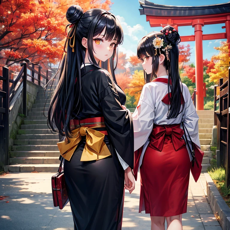 ((masterpiece,best quality)),2 girls, black kimono, Black Legwear, black Ribbon, Black Hair, 樱flower, sky, flower, Hair Bun, hair Ribbon, Japanese clothes, kimono, Long hair, Looking at the audience, look back , Multiple girls, belt, outdoor, Red Eyes, Red hair, Ribbon, sandals, Monogram, stairs, permanent, statue, Torii, Tree, white kimono, Yellow eyes