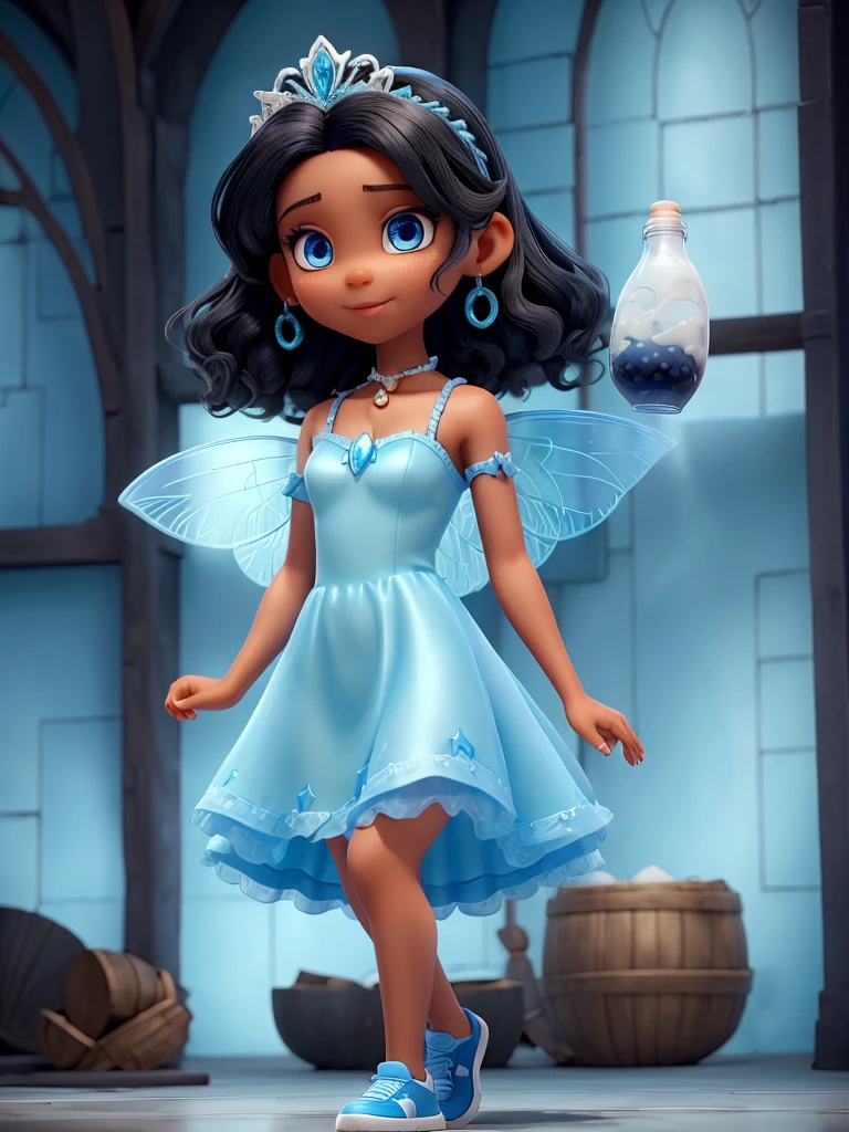 a beautiful fairy, skin fair, black hair, straight and long and blue eyes. she wears a blue dress, made from a glass of milk, with blue sneakers.