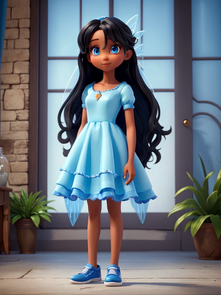 a beautiful fairy, skin fair, black hair, straight and long and blue eyes. she wears a blue dress, made from a glass of milk, with blue sneakers.