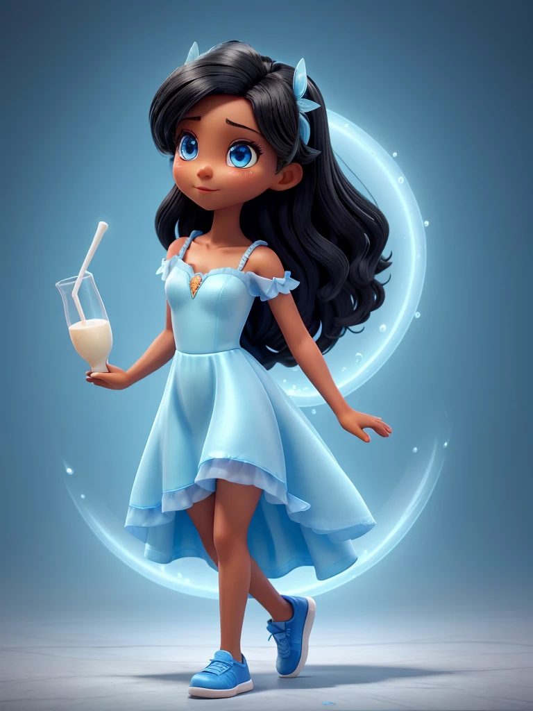 a beautiful fairy, skin fair, black hair, straight and long and blue eyes. she wears a blue dress, made from a glass of milk, with blue sneakers.