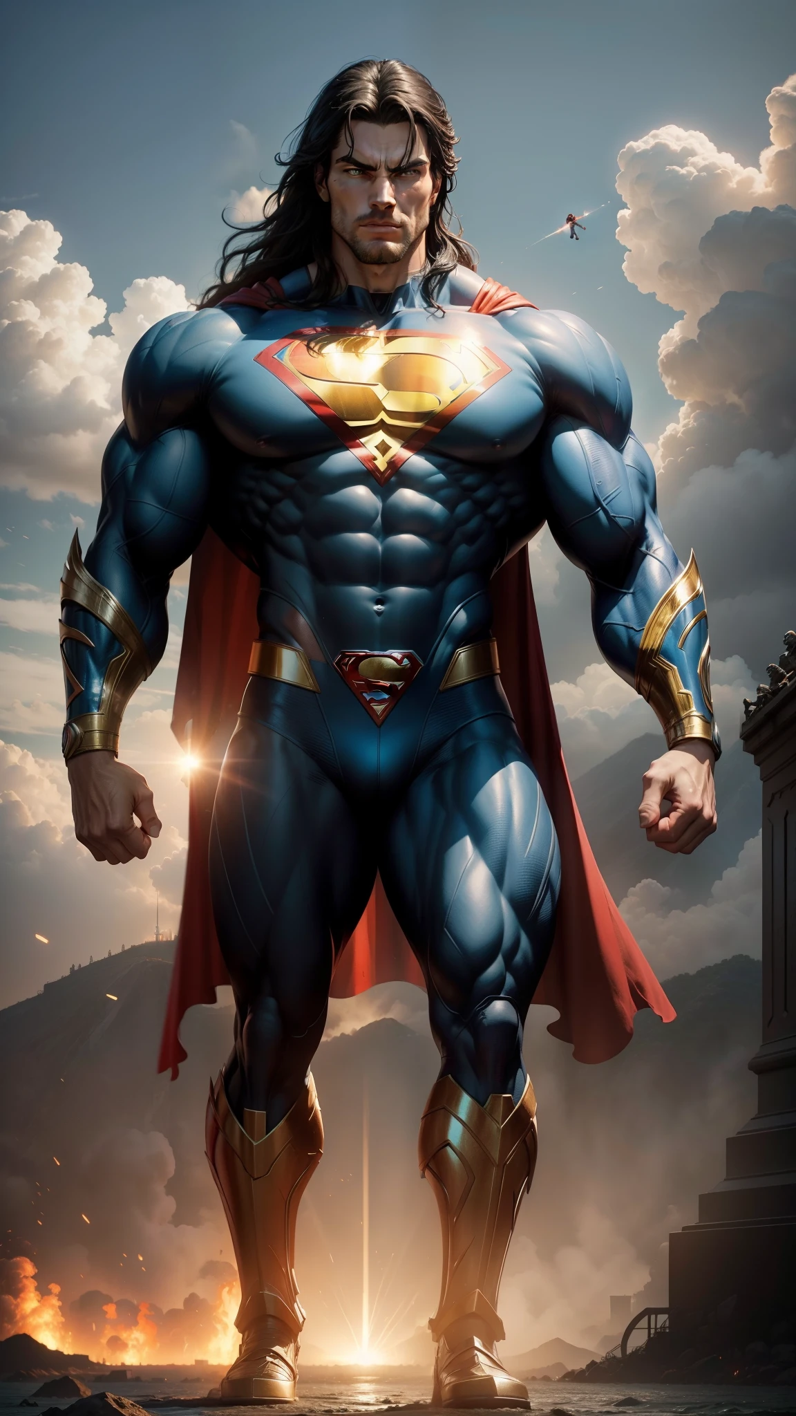 Image of muscular DC COMICS Superman, human body, human anatomy, holding a dumbbell with his right hand, left hand closed, costume identical to that of DC COMICS, with cyborg details, showing full body, perfect face, perfect boots, laser beams coming out from your eyes, highly detailed, super definition, 8k, showing the statue of Christ the Redeemer in the city of Rio de Janeiro January in flames. Cinematic image.