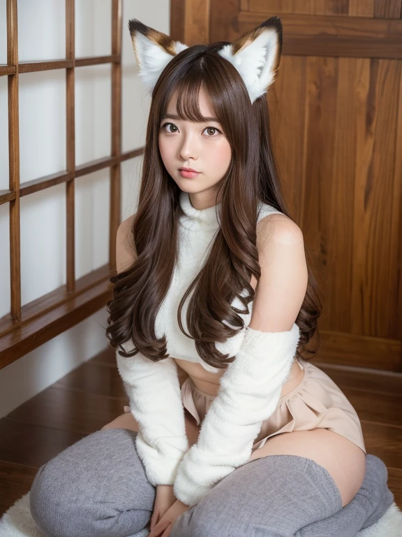 ((Highest quality)), ((masterpiece)), (Familiar), Perfect Face, fox lady, Pretty girl, Fox Ears, Fox tail, She has a northern fox tail, She wags her fluffy tail, fur collar, Beautiful hip line, Big , Thick thighs, A big tail growing out from under the skirt, Nice body, On all fours , Shyly staring at his tail, Only one tail, a shy face