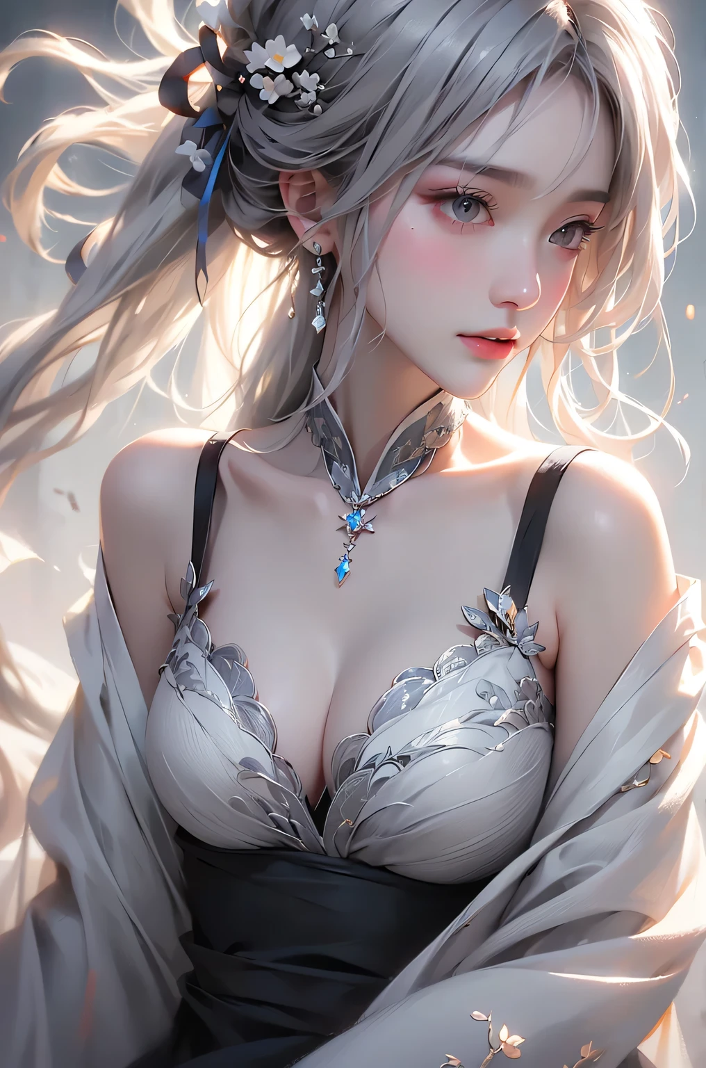 Masterpiece, Best, Night, Full Moon, 1 Female, Mature Woman, Chinese Style, Ancient China, Elder Sister, Royal Sister, Cold Face, Expressionless, Silver White Long Haired Woman, Light Pink Lips, Calm, Intellectual, Three Bangs, Gray Hitomi, Assassin, Long Sword, Swordsman, Fighting, Street View, Facial Details, hands on breast, breast focus. huge breast, Breast kneading