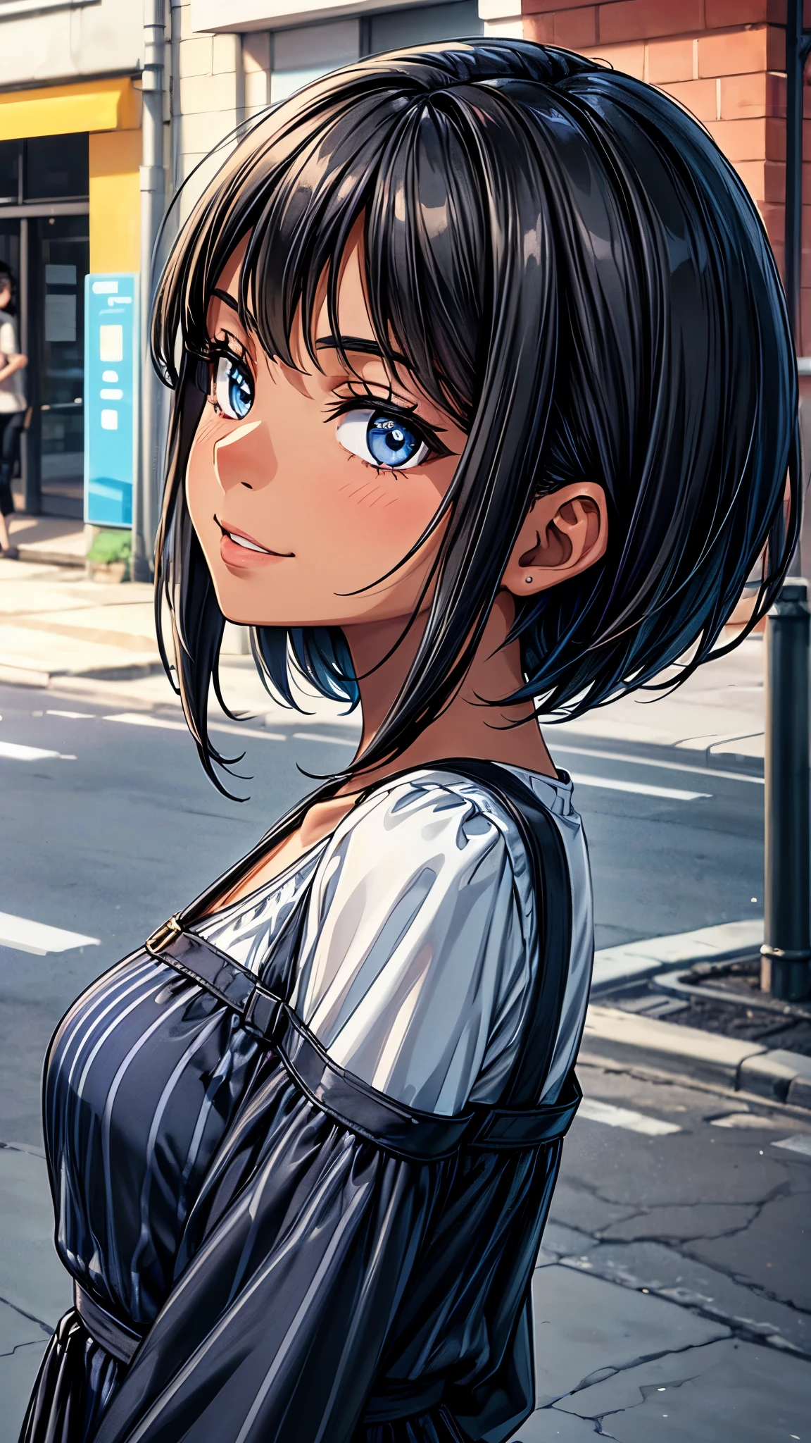 ((Looking away2.0,from side)),outside the street,((face close up1.8)),One 16 years old girl,(dark skin color),short black hair,seductive smile,blue casual dress with stripe.