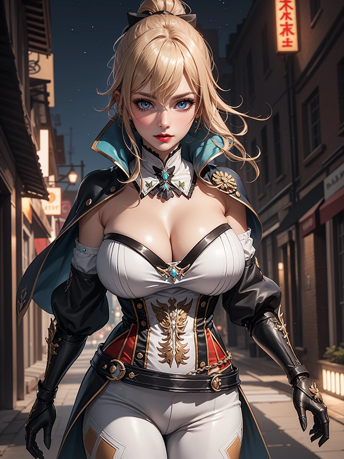 Masterpiece, ultra detail, high quality, 8k cg, jeanfavonian, blush, bright eyes, detail face, dynamic poses,night city view background, looking at viewer, huge breast, super detailed, red lip, make up,