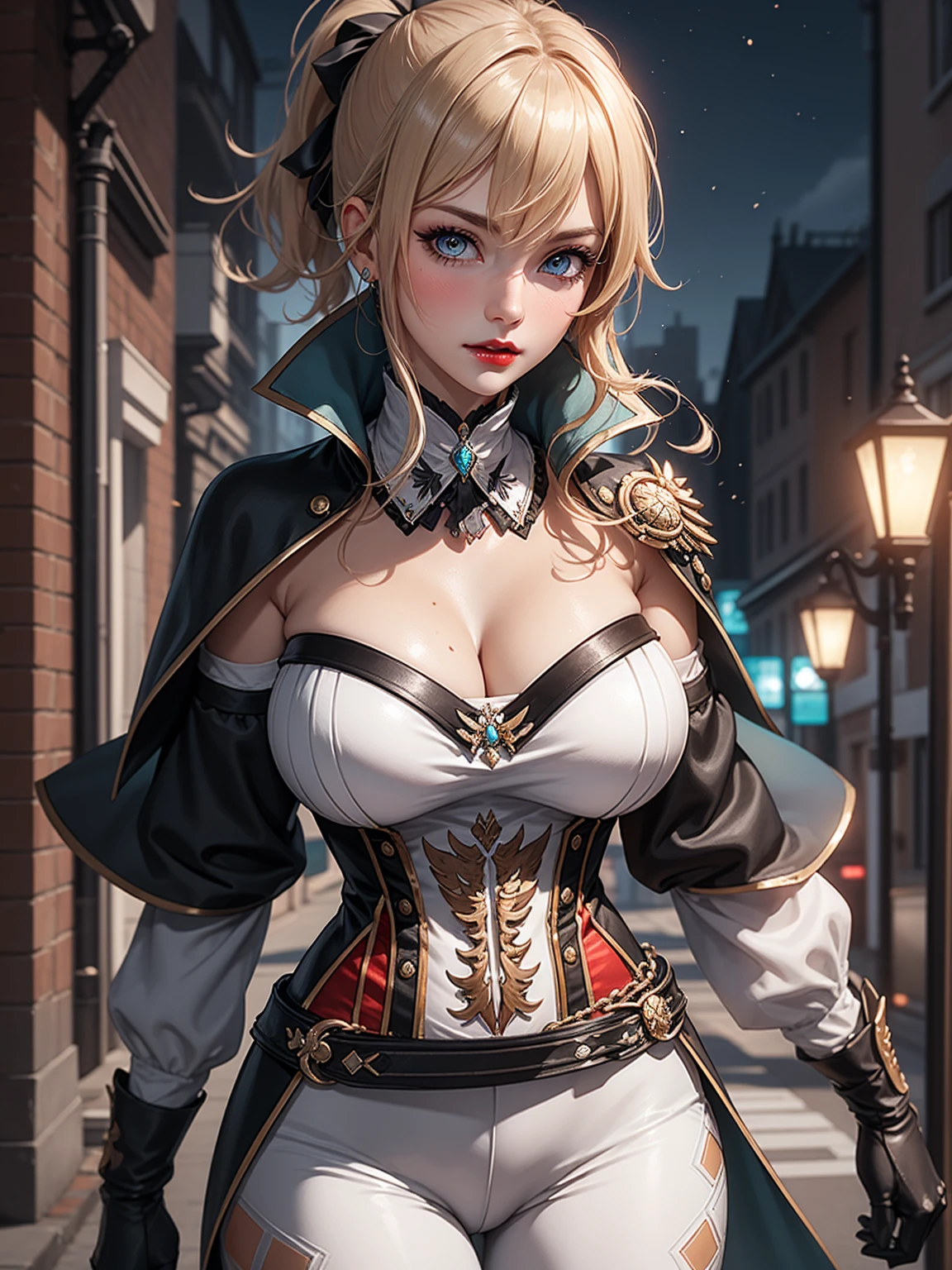 Masterpiece, ultra detail, high quality, 8k cg, jeanfavonian, blush, bright eyes, detail face, dynamic poses,night city view background, looking at viewer, huge breast, super detailed, red lip, make up,