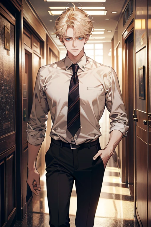 (tmasterpiece, high resolution, ultra - detailed:1.0), (1 boy, Young male, masculine face), Perfect male body, tall and strong, Adult male, Delicate eyes and delicate face, Extremely detailed CG, Unity 8k wallpaper, Complicated details, Detailed face, (blond hair, messy hair, serious faces, white shirts,Bad students), (frown,evil smile:1.3), stad in school corridor, street style, color difference, Depth of field, dramatic shadow, Ray tracing, Best quality, Cinematic lighting, offcial art,Portrait